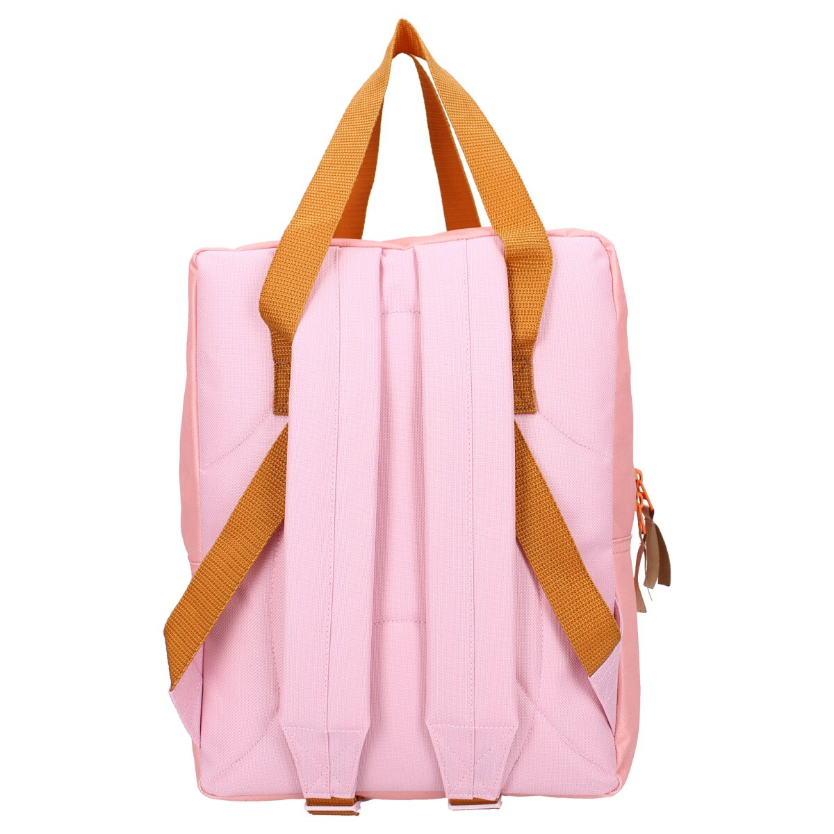 A pink backpack with brown straps and handle. The straps are adjustable. The background is white.