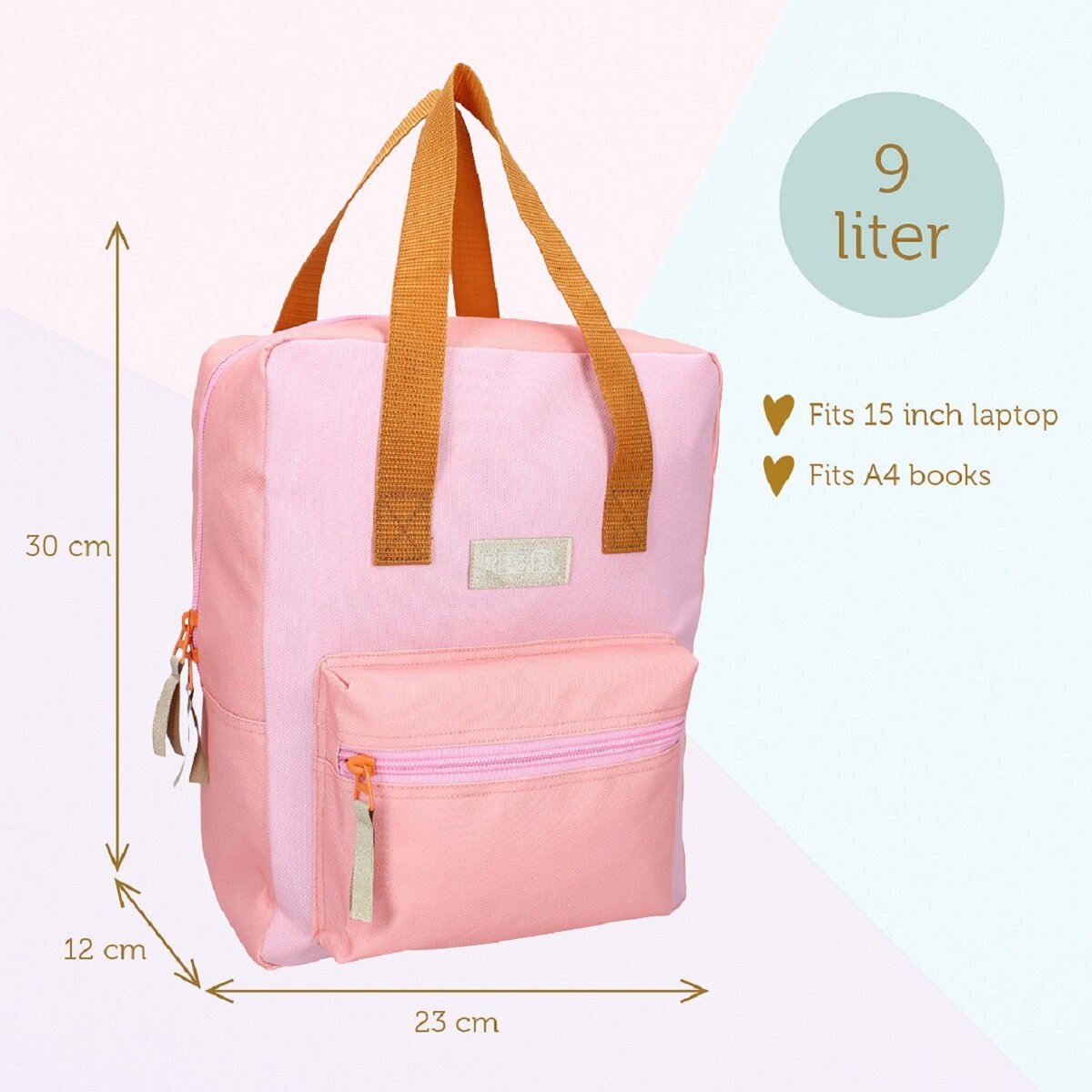 Pink backpack with orange straps. It has a front pocket and dimensions labeled. Text indicates it fits a 15-inch laptop and A4 books.