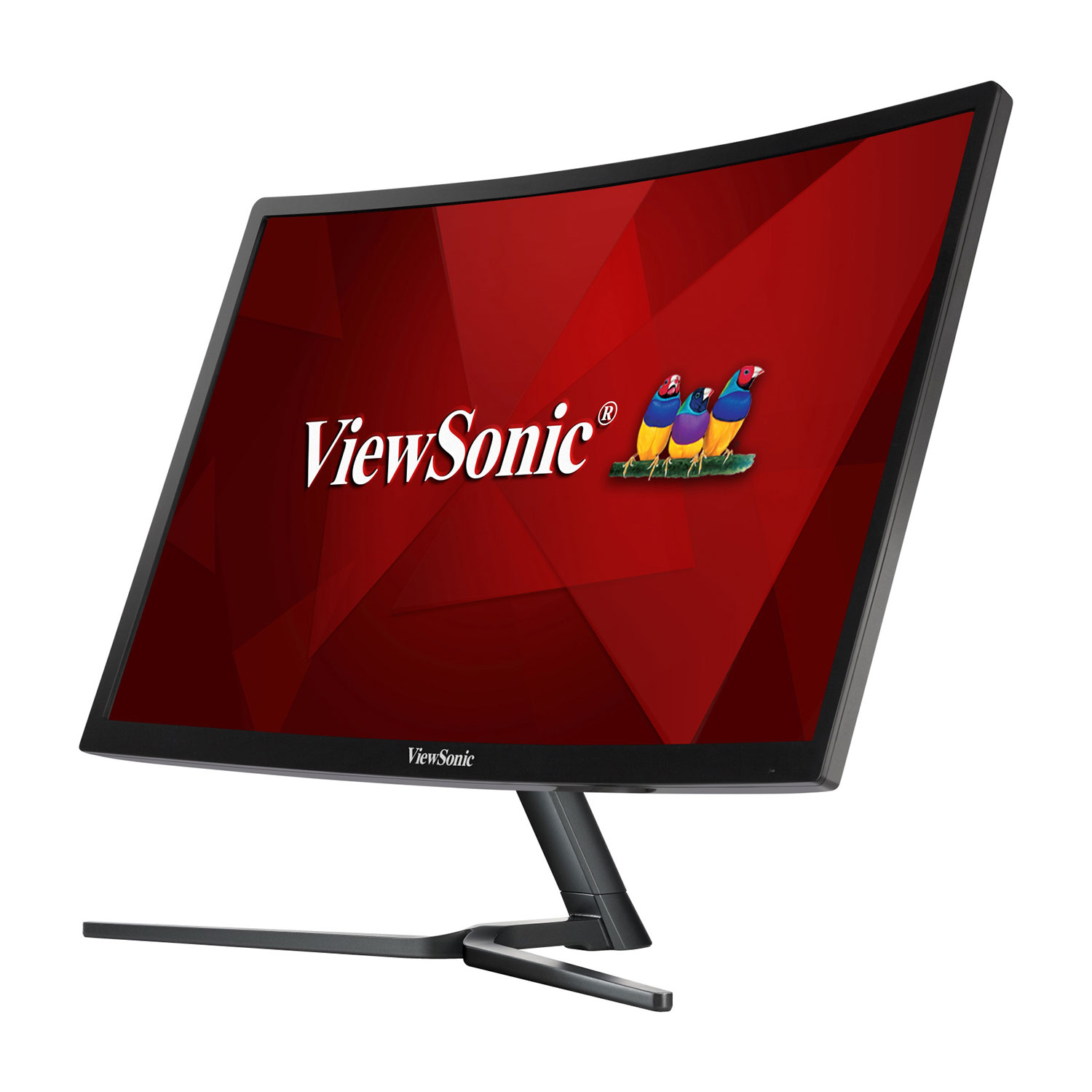 Zakrzywiony monitor ViewSonic wyświetla logo na czerwonym tle. Trzy kolorowe ptaki na ekranie. Stojak jest czarny.