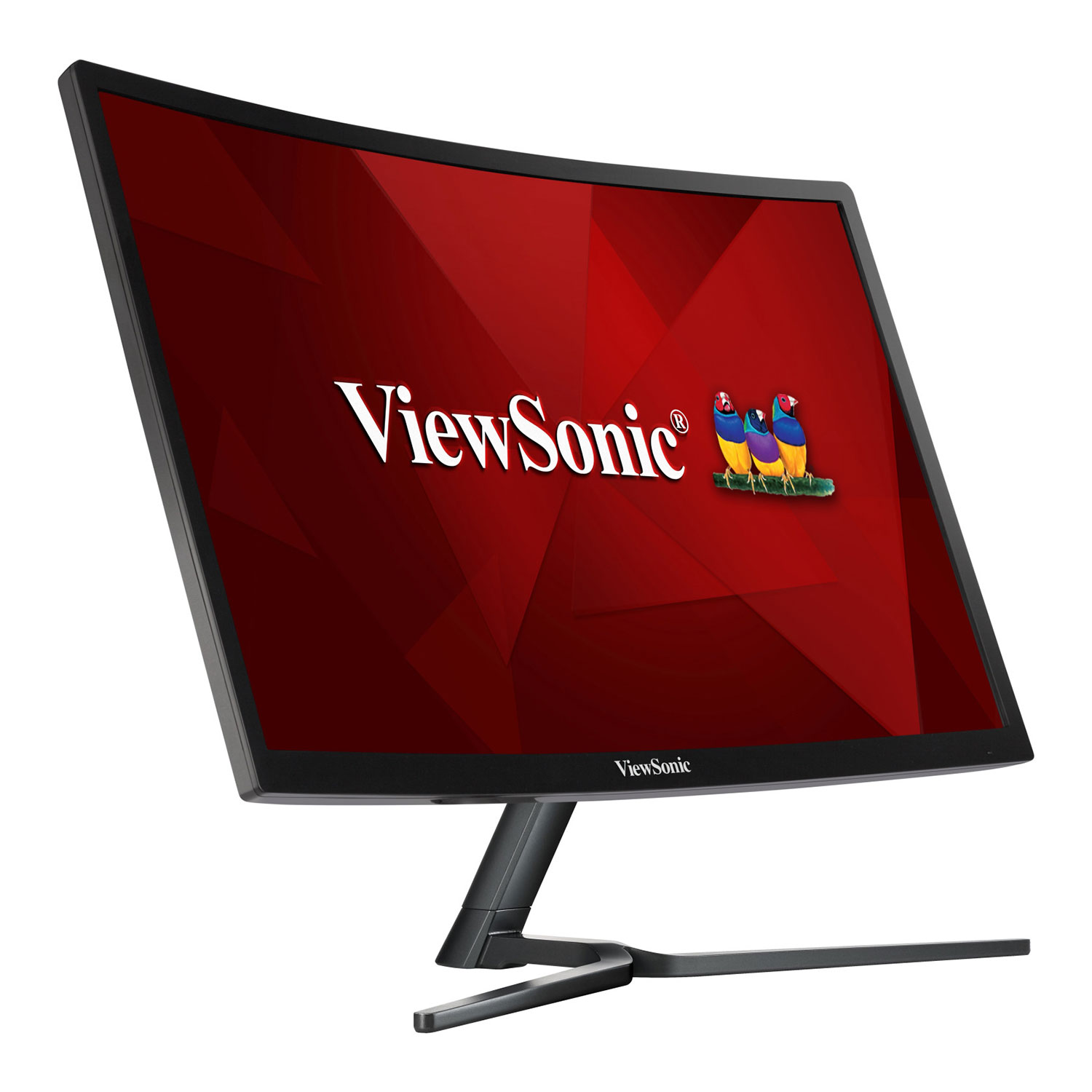 Zakrzywiony monitor ViewSonic z czerwonym ekranem, logo i trzema ptakami. Monitor na białym tle.
