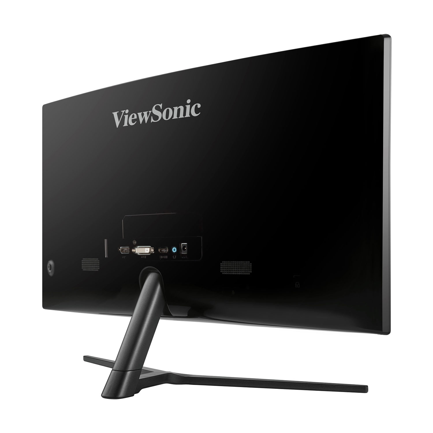 Czarny monitor ViewSonic jest ustawiony pod kątem. Tył pokazuje porty, stojak i logo ViewSonic. Białe tło.