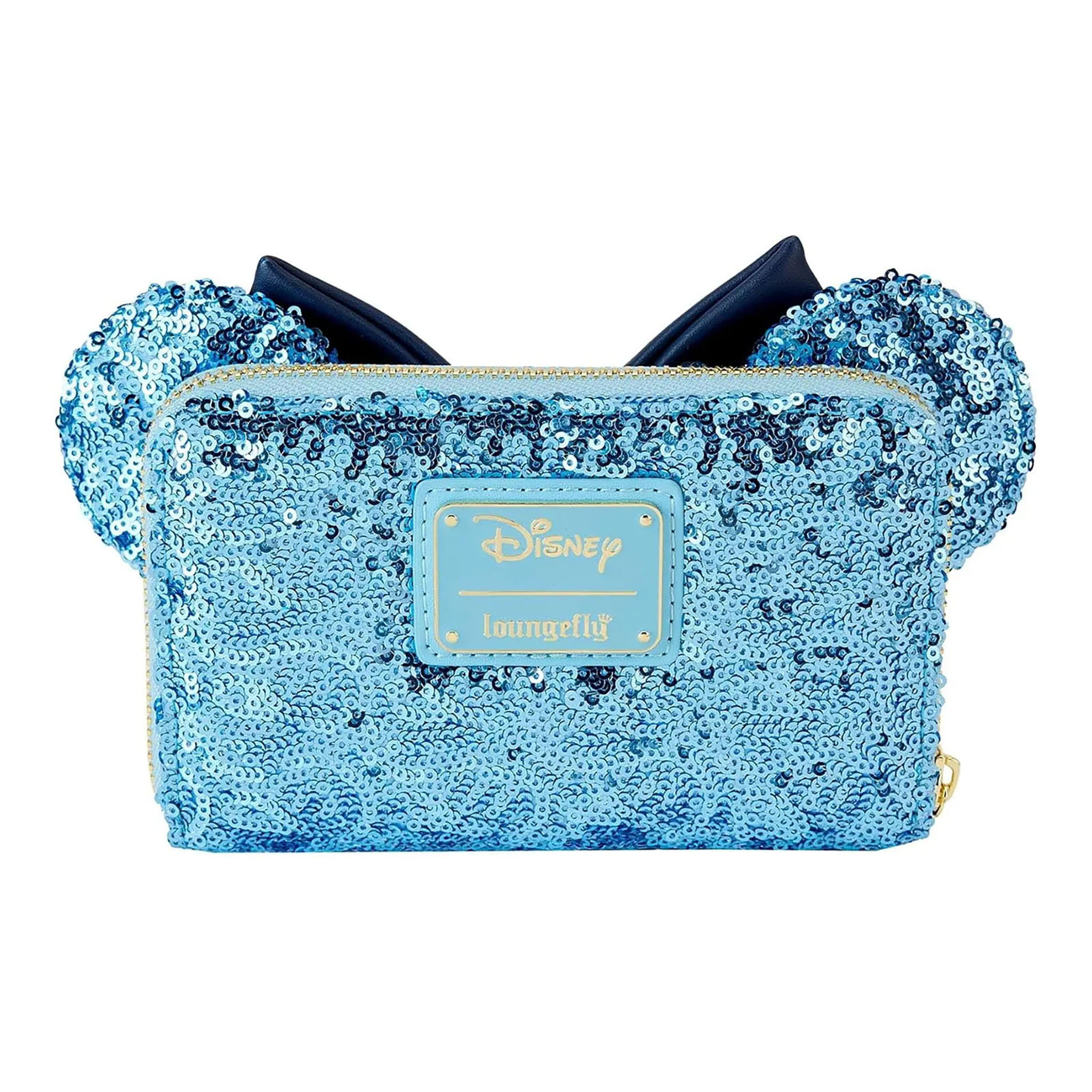 Eine blaue, paillettenbesetzte Disney Loungefly-Geldbörse in Form von Minnie-Maus-Ohren. Sie hat eine marineblaue Schleife und einen goldenen Reißverschluss.