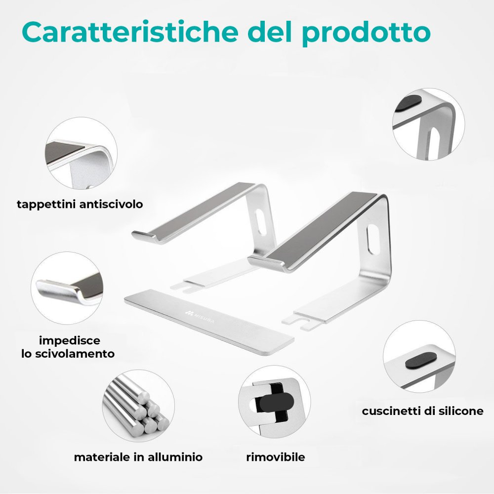 Cechy produktu: Podkładki antypoślizgowe, zapobiega ślizganiu się, materiał aluminiowy, wyjmowany i silikonowe podkładki. Zdjęcie przedstawia stojak na laptopa.