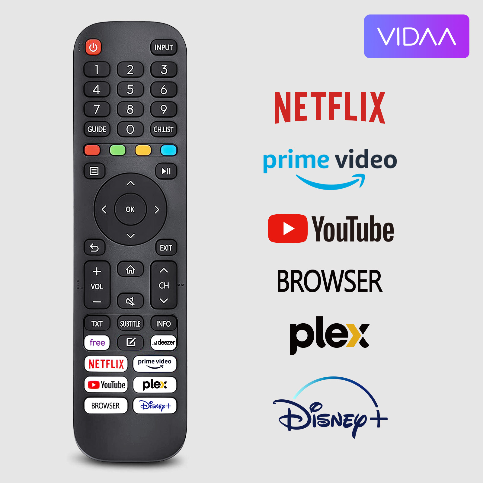 A black TV remote with buttons, channel logos, and the VIDAA logo. Netflix, YouTube, and Disney+ are visible.
