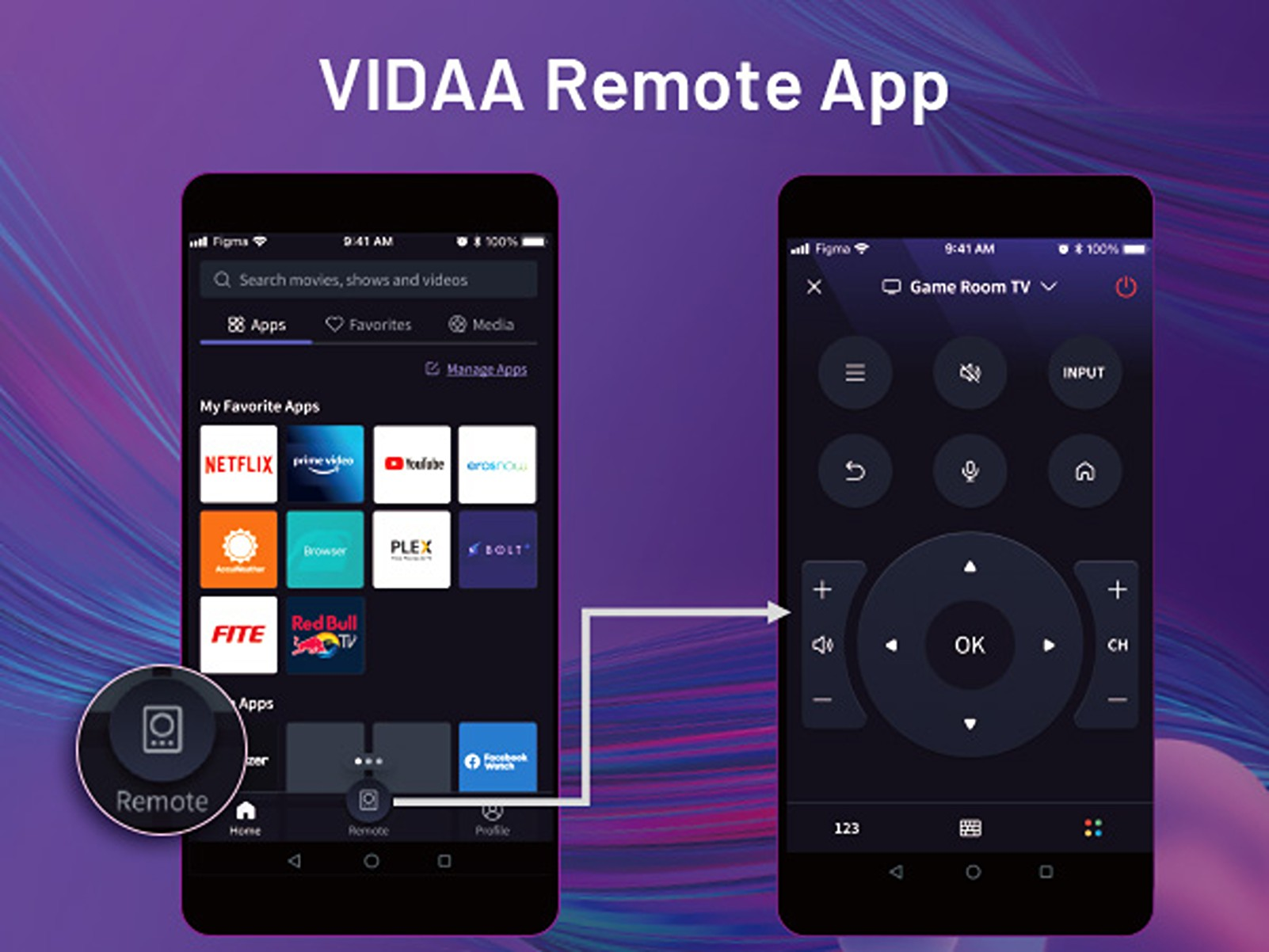 Two smartphones show the VIDA Remote App. One displays apps, the other a remote control interface with various buttons and controls.