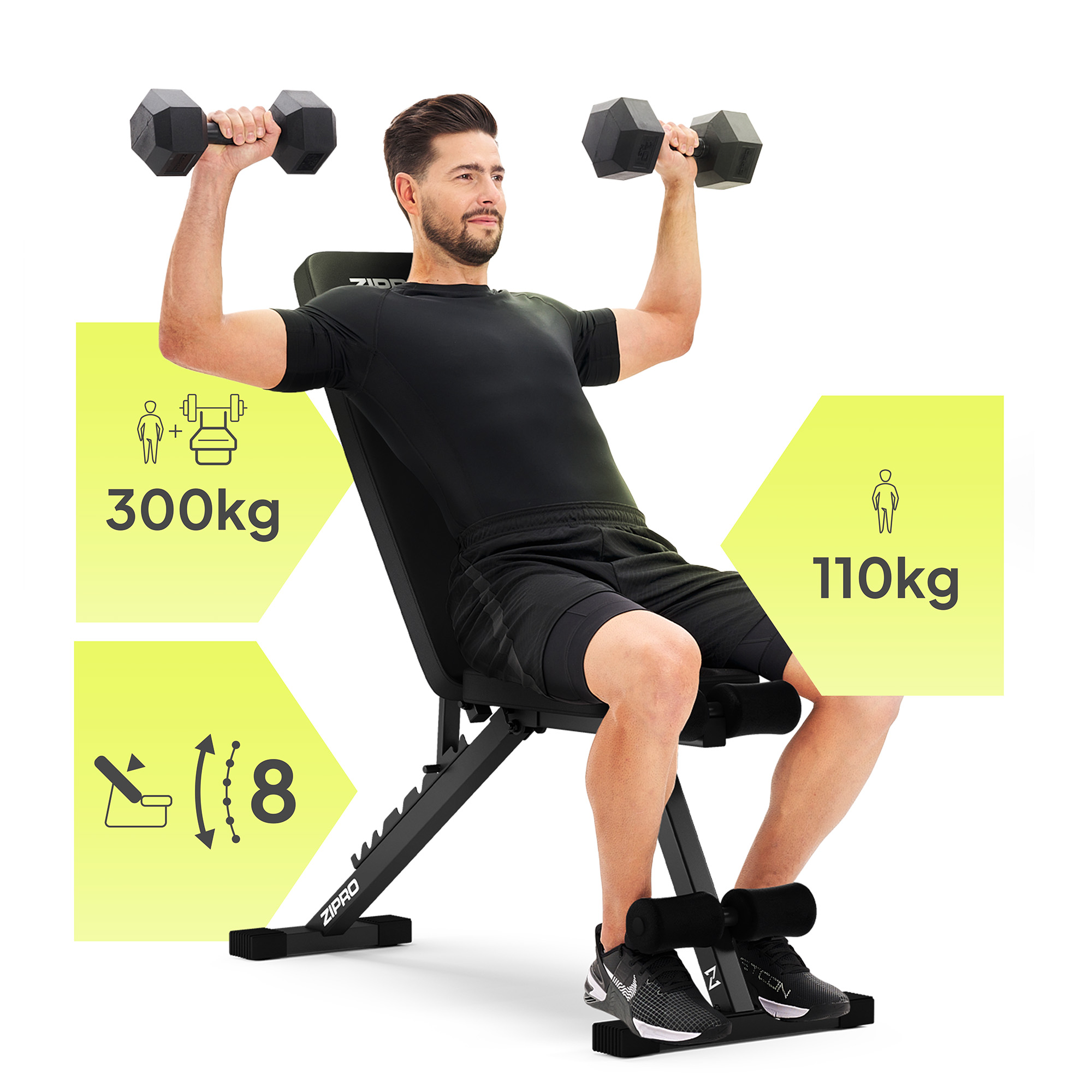 Mann hebt Kurzhanteln auf einer Trainingsbank. Infografiken zeigen Gewicht und Verstellbarkeit. Schwarze Sportkleidung und Schuhe.