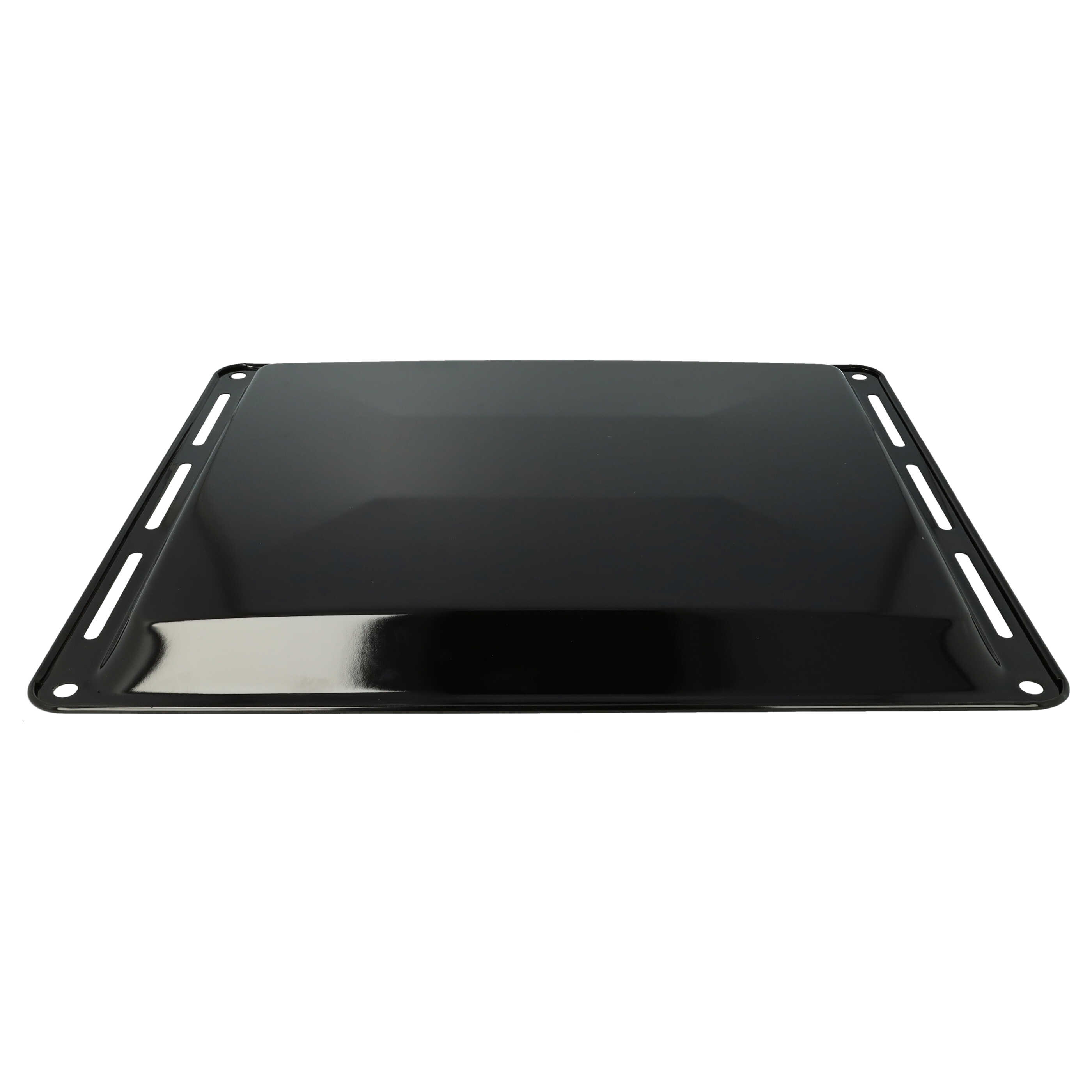 Ein glänzendes, schwarzes Metalltablett mit abgerundeten Ecken und rechteckigen Aussparungen am Rand, vor weißem Hintergrund.