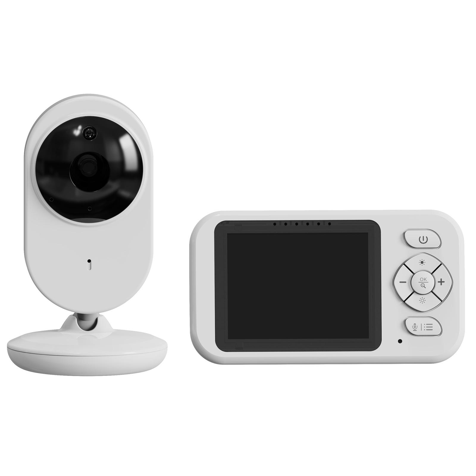 Ein weißes Babyphone-Set. Es enthält eine Kamera und einen Empfänger. Die Kamera hat ein Objektiv und der Empfänger einen Bildschirm und Tasten.