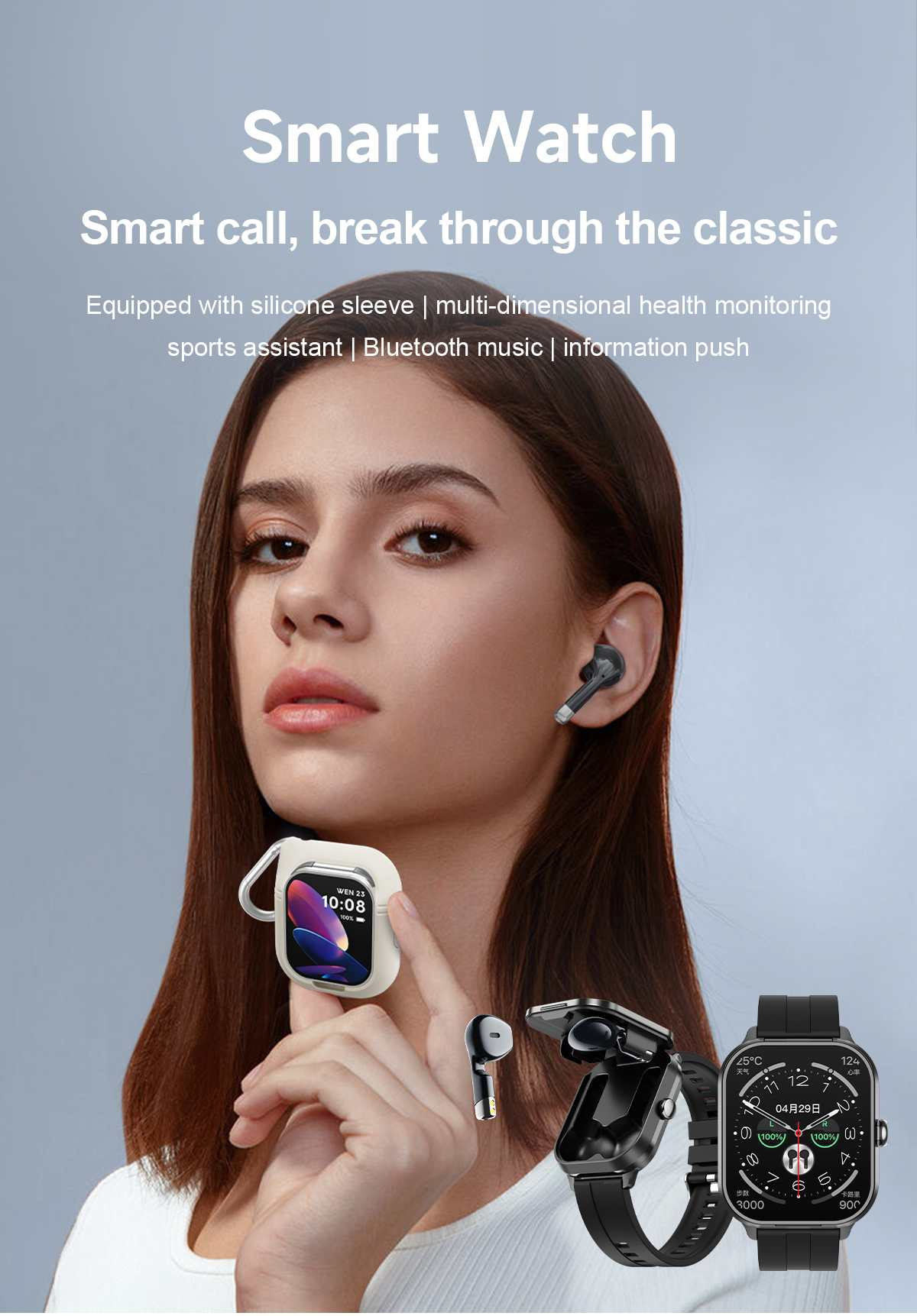 Eine Frau hält eine Uhr und Ohrhörer und präsentiert eine Smartwatch. Der Text oben lautet „Smart Watch“. Der Hintergrund ist ein Farbverlauf.