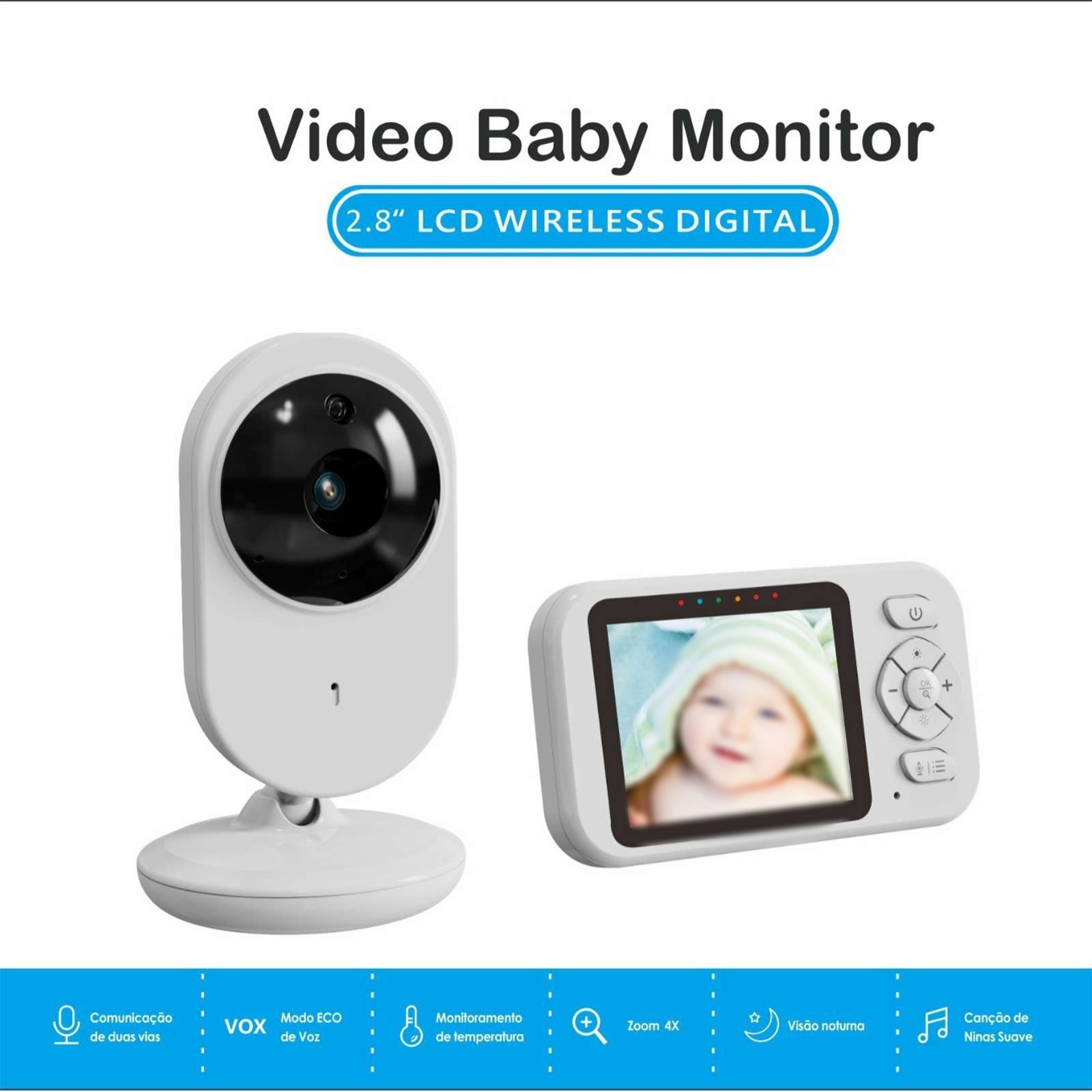 Ein weißer Babyphone mit Kamera und Bildschirm, der ein Baby zeigt. Text: Video-Babyphone, 2,8" LCD Wireless Digital.