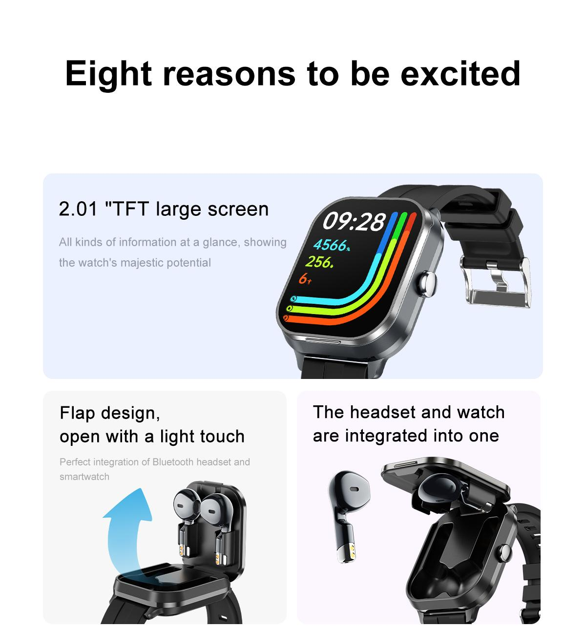 Smartwatch mit Bildschirm, der Zeit und Statistiken anzeigt. Verfügt über ein Klappdesign für Ohrhörer und integriertes Headset.