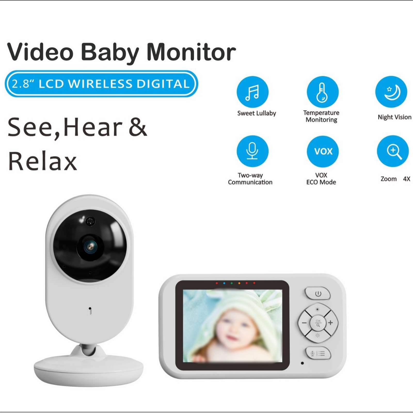 Ein Babyphone mit Kamera und Bildschirm zeigt Funktionen wie Nachtsicht, Temperaturüberwachung und Zwei-Wege-Kommunikation.
