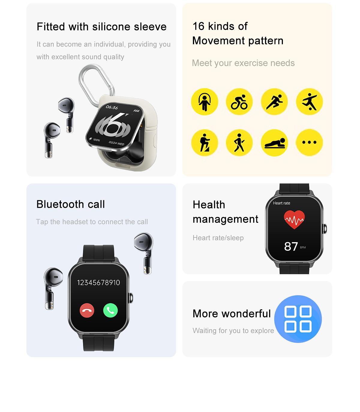 Das Bild zeigt Ohrhörer, eine Smartwatch und Trainingssymbole. Es hebt Funktionen wie Bluetooth-Anruf, Gesundheitsmanagement und Bewegungsmuster hervor.