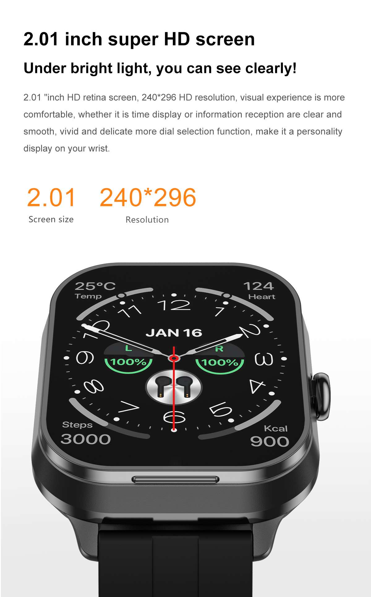 Smartwatch mit schwarzem Gehäuse und Armband. Der Bildschirm zeigt Zeit, Temperatur und Gesundheitsdaten. Der Hintergrund ist weiß.