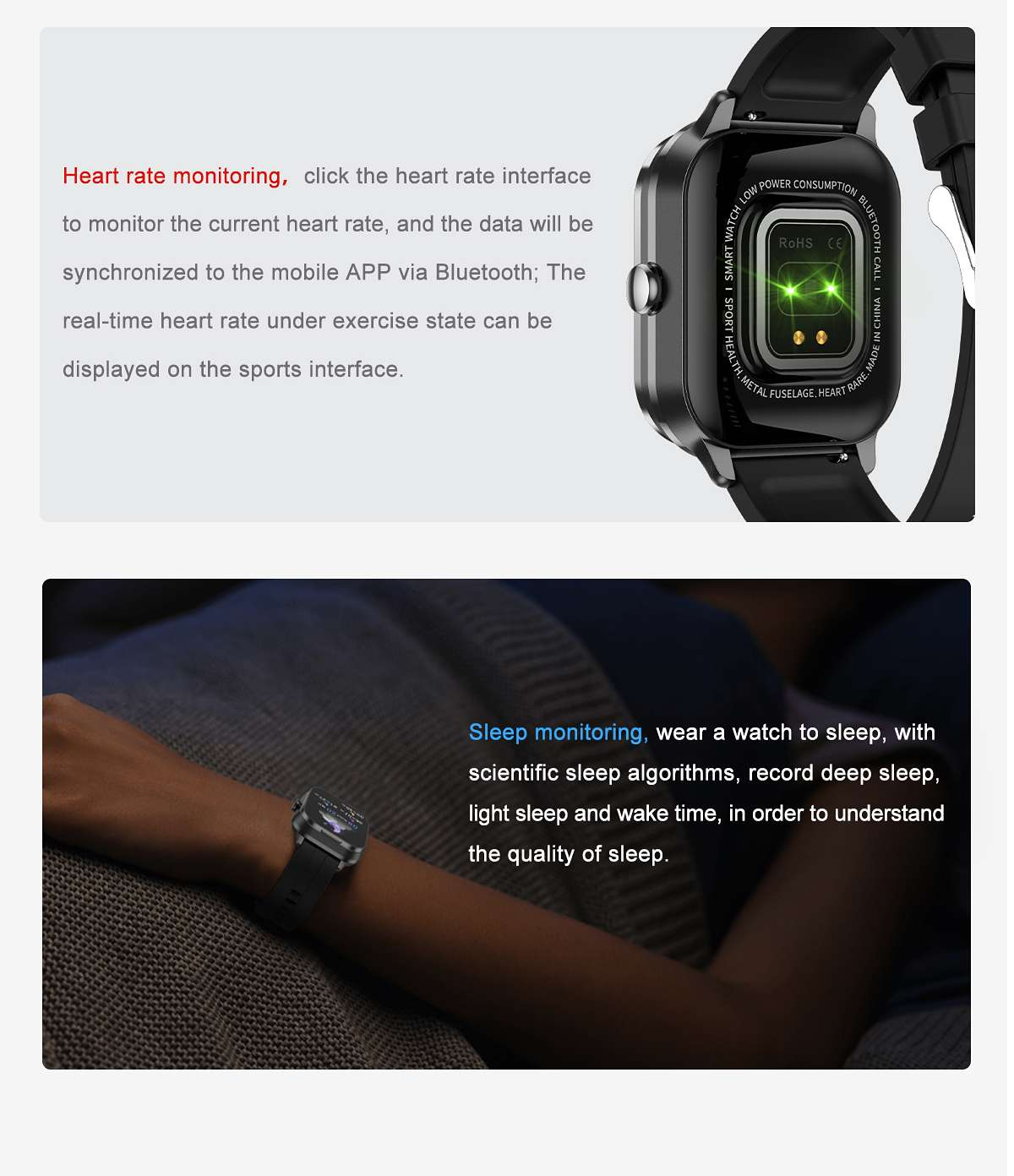 Schwarze Smartwatch am Handgelenk. Text weist auf Herzfrequenz- und Schlafüberwachungsfunktionen hin.