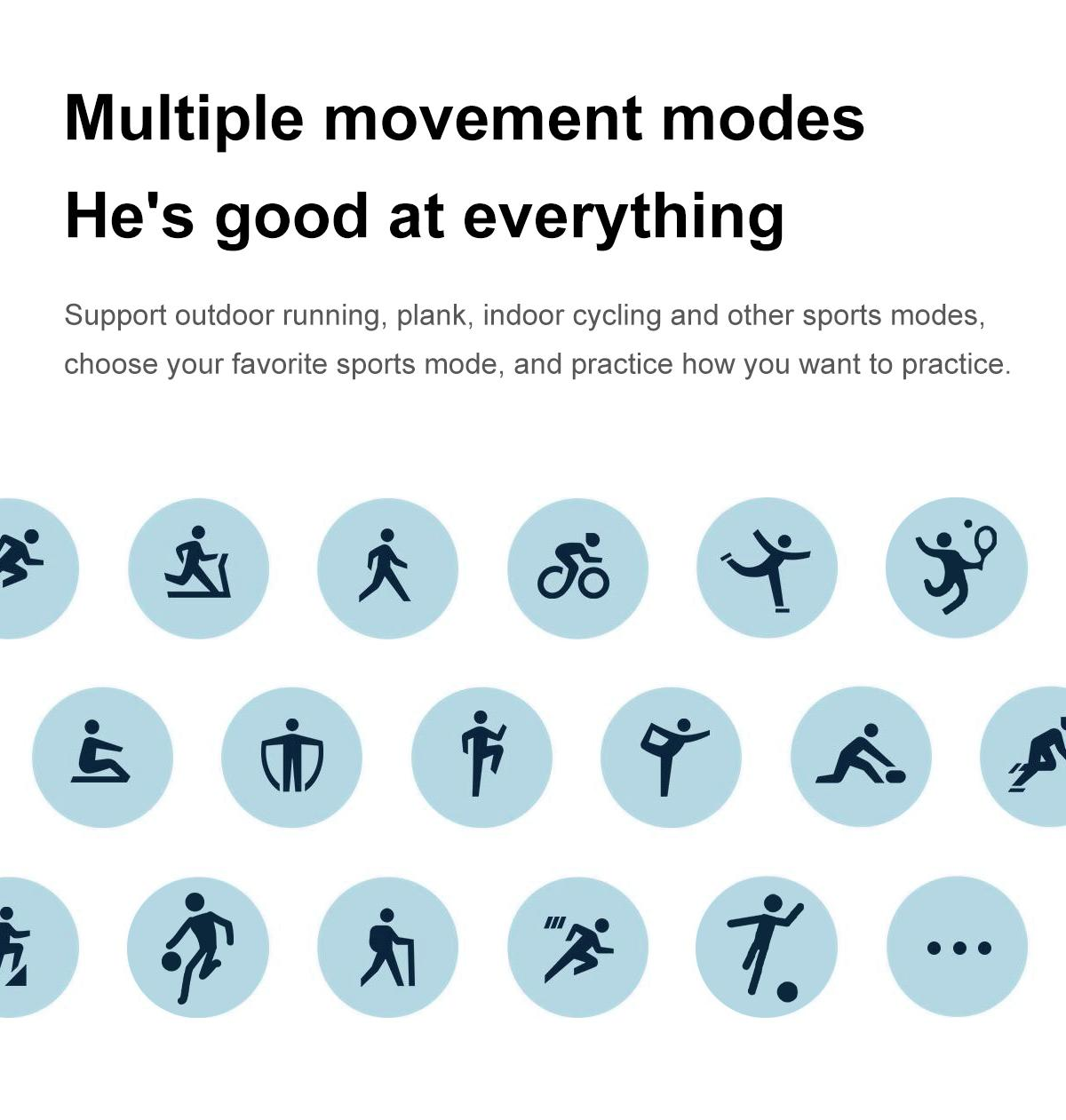 Das Bild zeigt verschiedene Sport-Icons in Kreisen. Der Text besagt, dass mehrere Bewegungsmodi unterstützt werden, darunter Laufen, Radfahren und Planking.