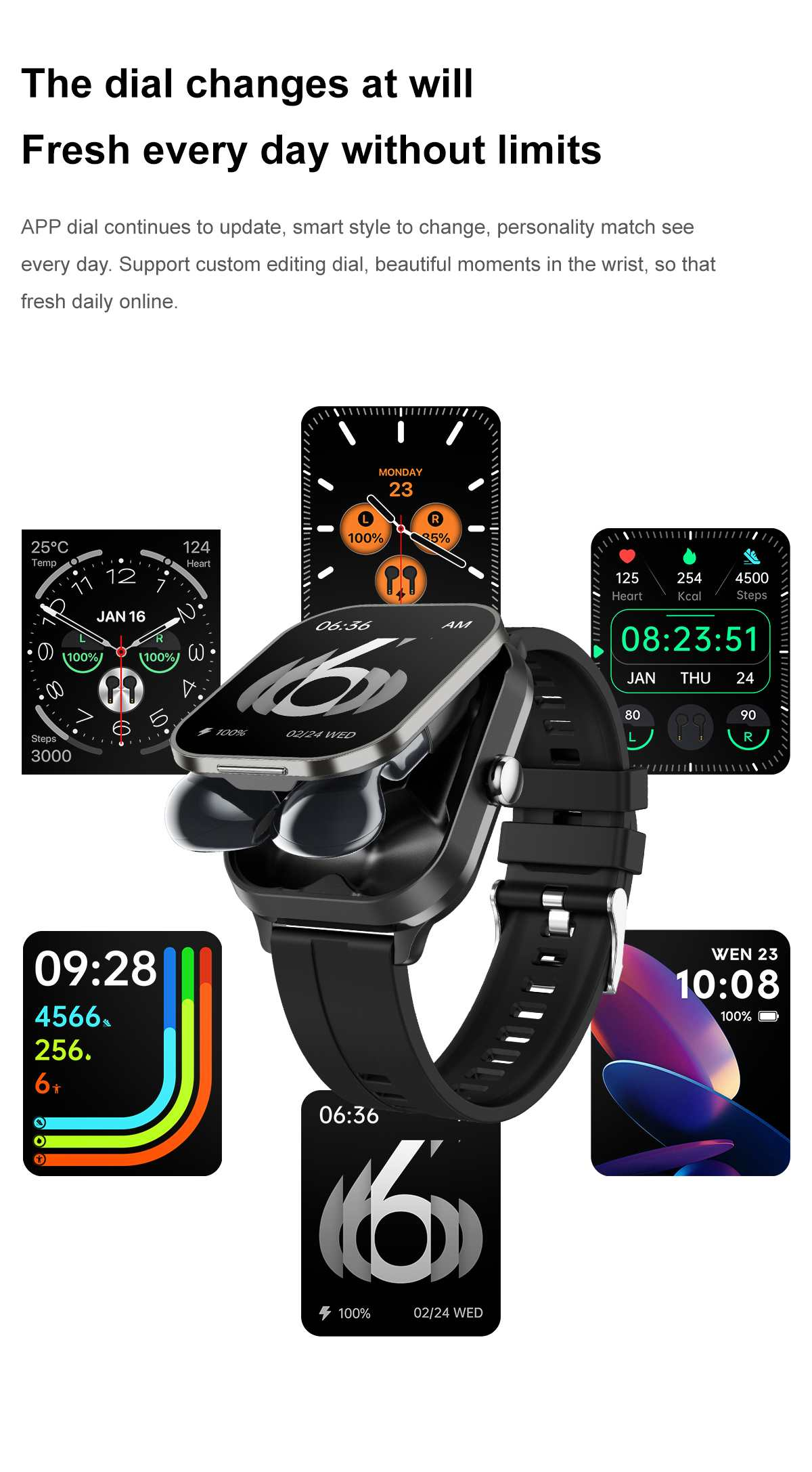 Eine Smartwatch mit mehreren Bildschirmen, die Zeit, Gesundheitsdaten und Akkulaufzeit anzeigen. Ohrhörer liegen auf der Uhr. Der Hintergrund ist weiß.