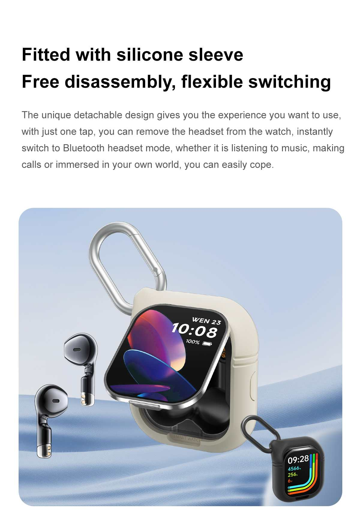 Eine Smartwatch mit Bildschirm, der Zeit und Akkustand anzeigt, verbunden mit Ohrhörern. Die Uhr befindet sich in einem Gehäuse und ein kleines Gehäuse ist angebracht.