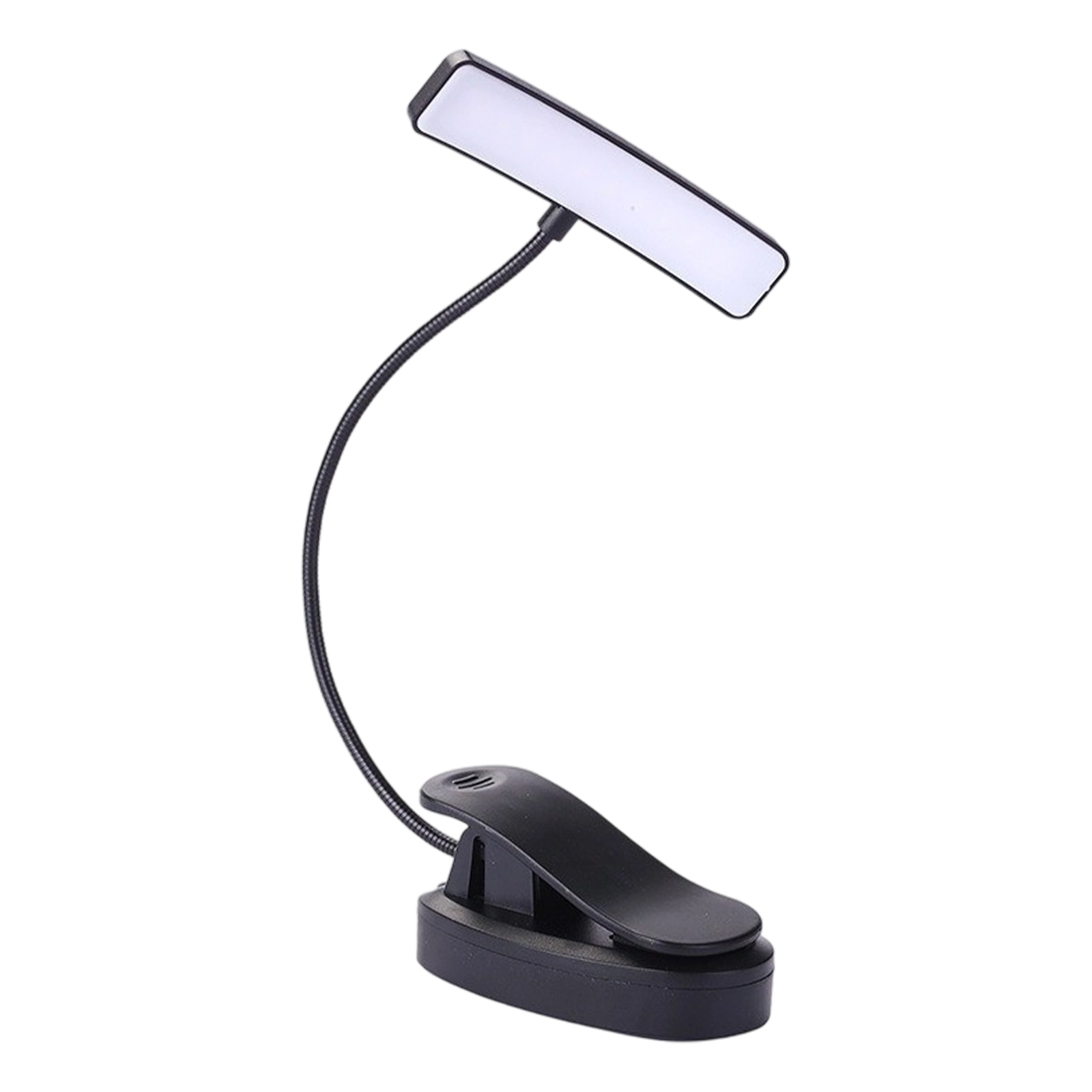 Eine schwarze LED-Leselampe zum Anklemmen. Sie hat einen flexiblen Hals, ein weißes Lichtpanel und einen Clip.
