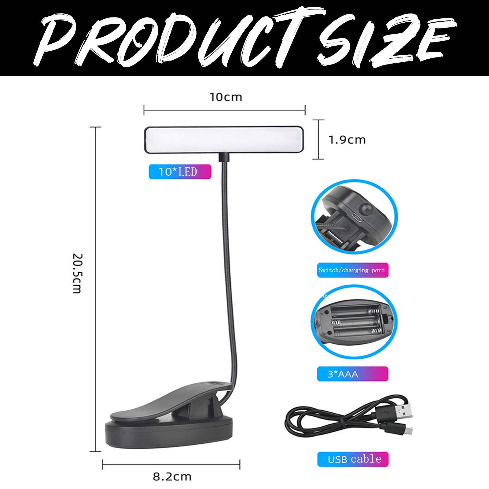 Eine Grafik zur Produktgröße zeigt eine LED-Lampe mit Abmessungen. Details umfassen 10 cm Breite, 20,5 cm Höhe und einen Clip-Sockel.