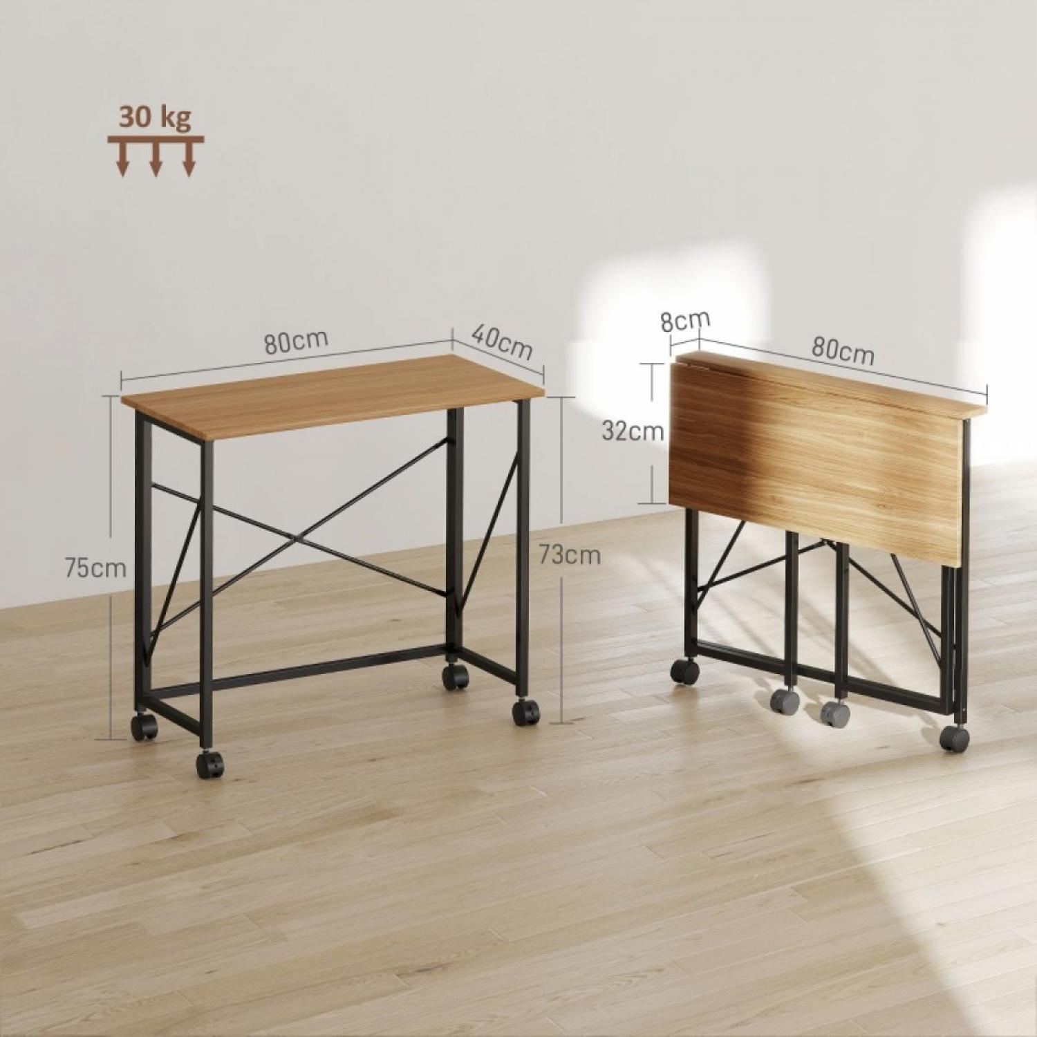Zwei zusammenklappbare Holztische mit schwarzen Metallrahmen und Rädern. Abmessungen sind angegeben. Oben ist ein Gewicht von 30 kg angegeben.
