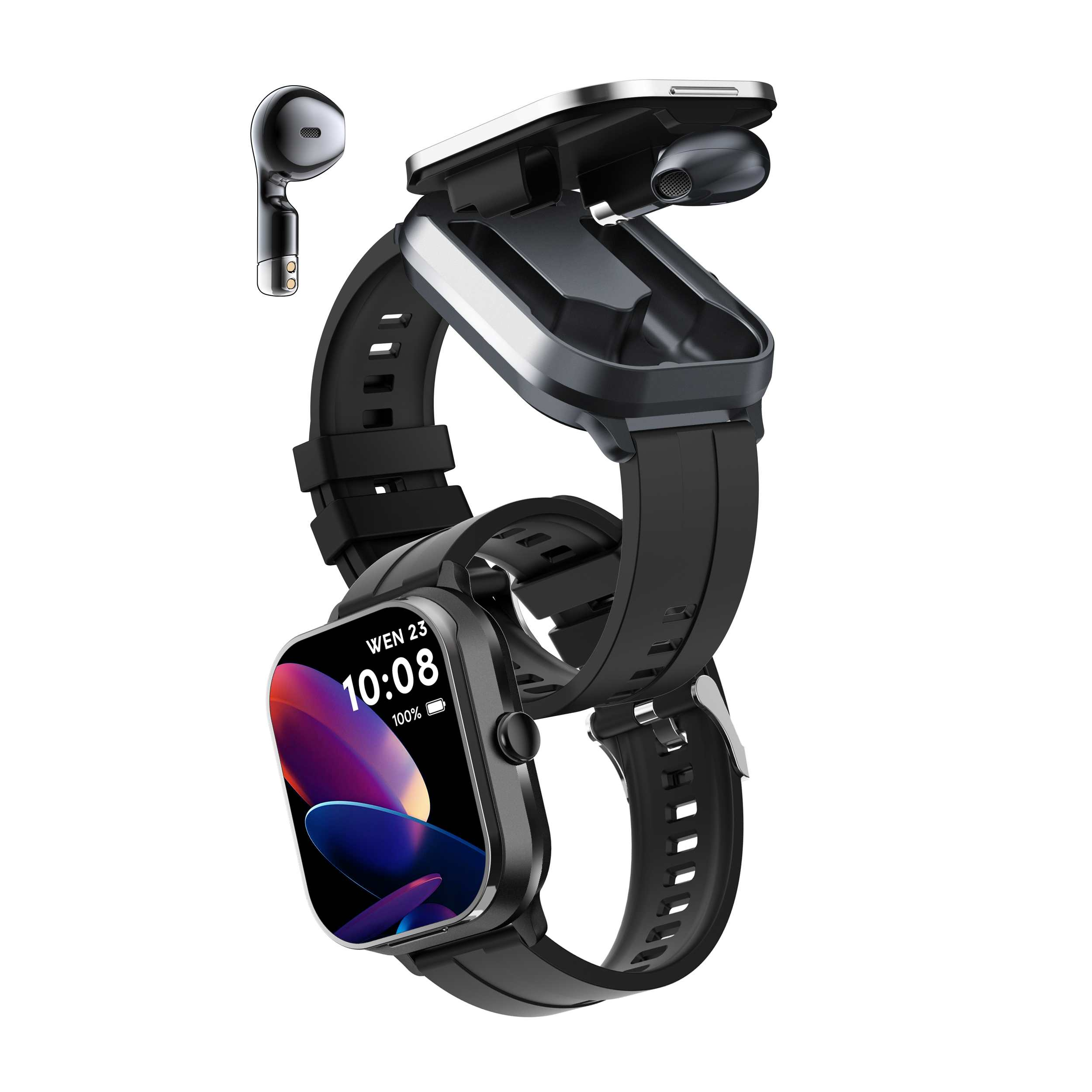 Eine schwarze Smartwatch mit eingebauten Ohrhörern. Die Uhr zeigt Datum und Uhrzeit. Ein Ohrhörer ist abgenommen. Alles auf weißem Hintergrund.