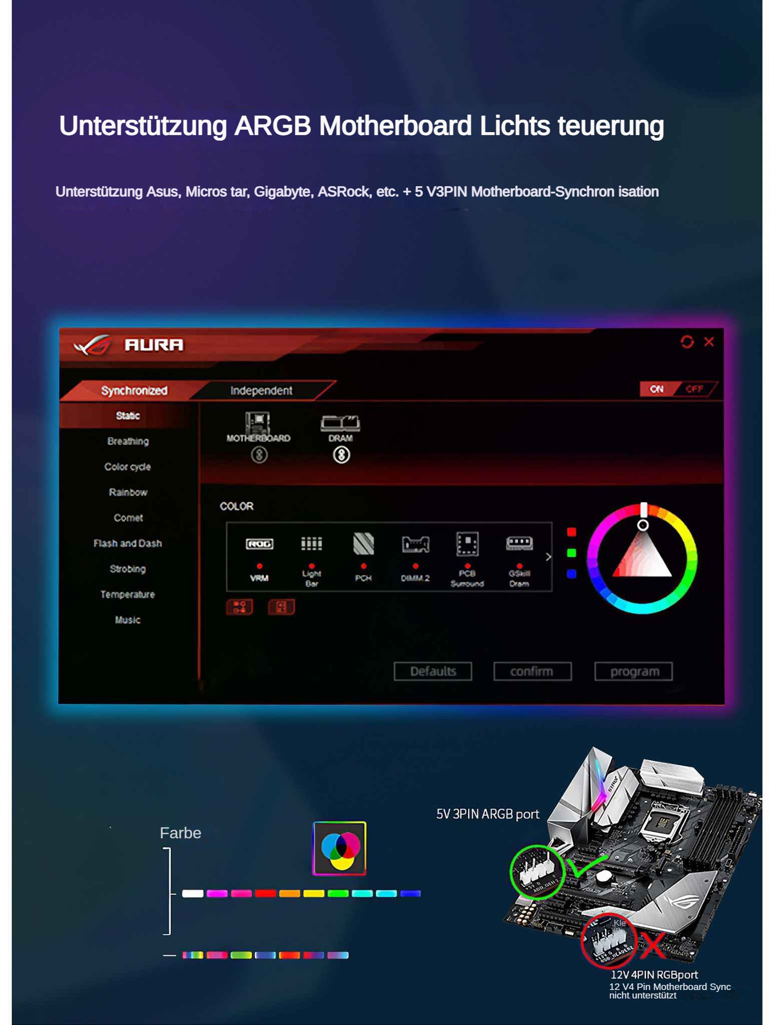 Das Bild zeigt ein Motherboard mit Beleuchtungssteuerung. Text erwähnt ARGB und Motherboard-Sync, mit Farboptionen.