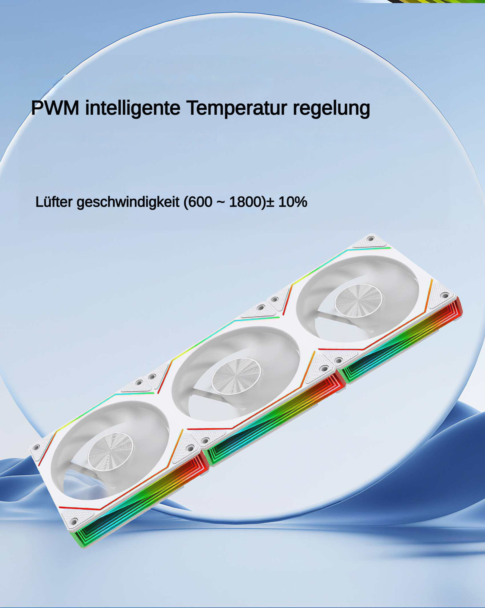Bild von drei weißen Computerlüftern mit RGB-Beleuchtung. Text auf Deutsch oben. Hintergrund ist hellblau mit einem Kreis.