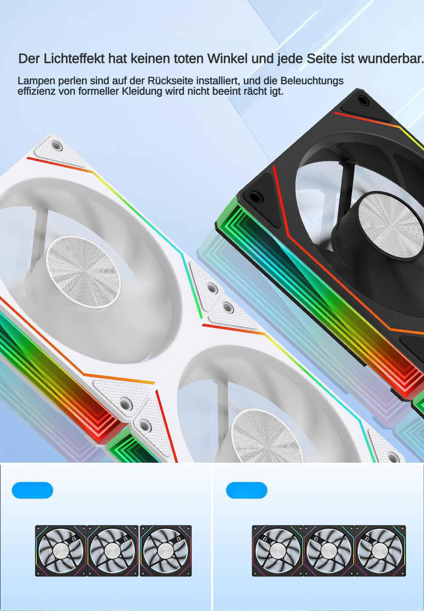 Das Bild zeigt zwei Computerlüfter mit RGB-Beleuchtung. Einer weiß, einer schwarz. Unten sind jeweils drei Lüfter zu sehen. Text auf Deutsch oben.