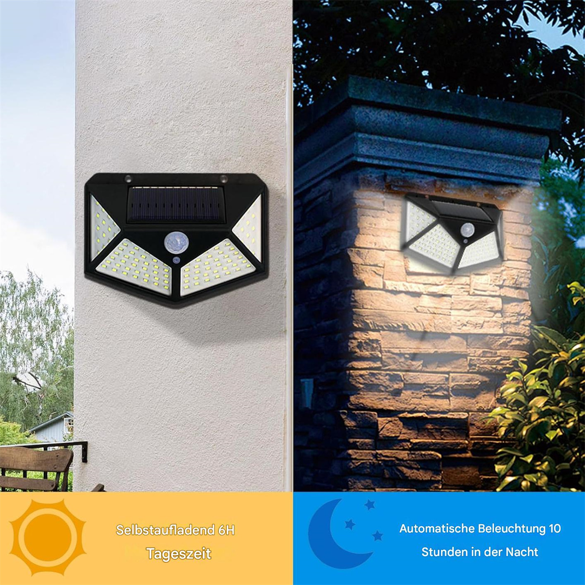 Zwei Solarleuchten an Wänden montiert. Eine an einer weißen Wand, die andere an einer Backsteinmauer. Jede hat LED-Leuchten und einen Sensor.