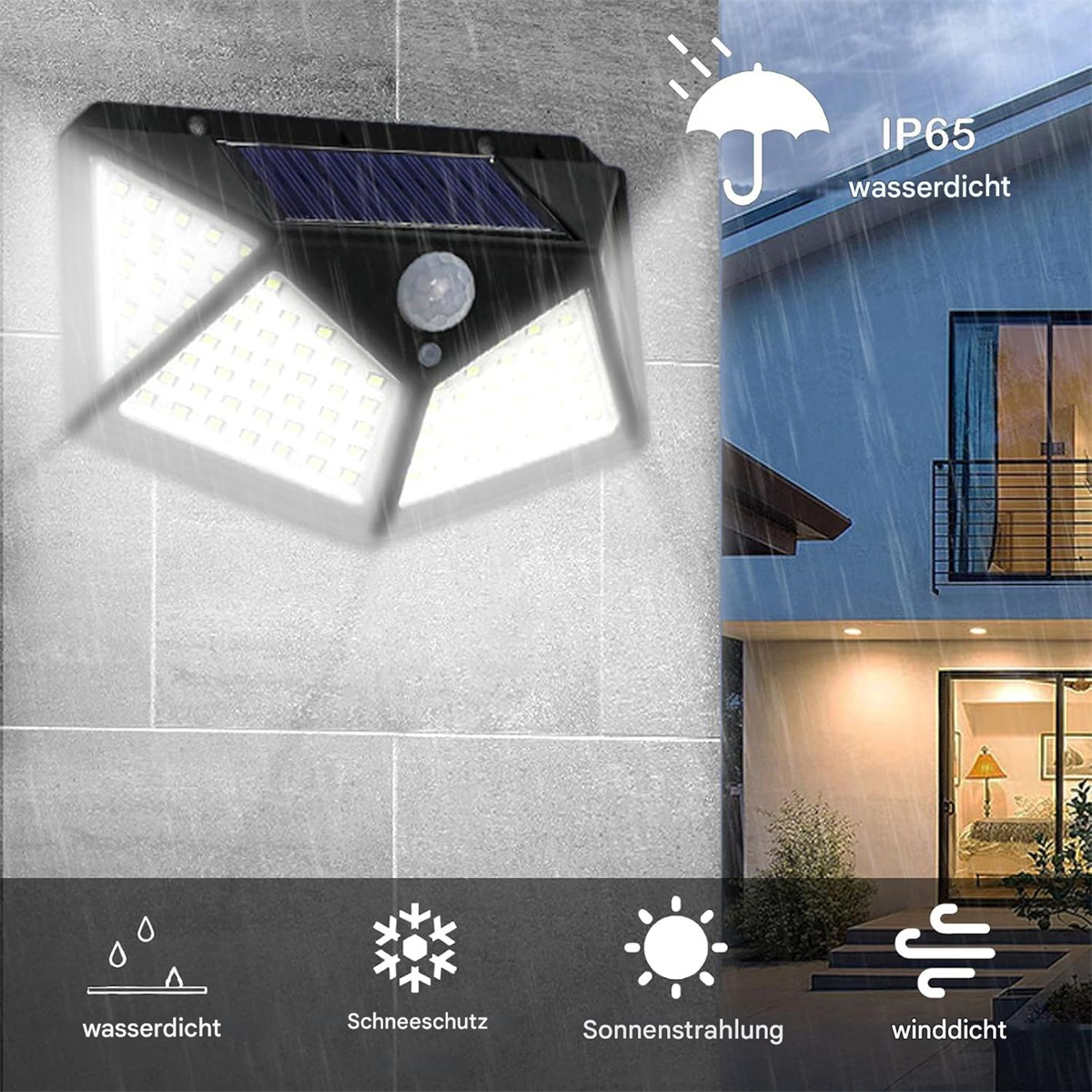 Eine schwarze Solarlampe mit Bewegungssensor. Regenschutz wird mit einem Haus im Hintergrund gezeigt. Die Lampe ist wasserdicht.