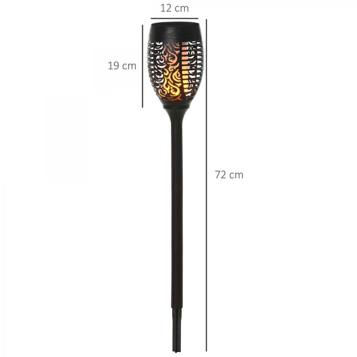 Schwarze Solarfackel mit Flammeneffekt. Die Fackel hat einen dekorativen Kopf, einen langen Stiel und die Maße: 12 cm, 19 cm und 72 cm.