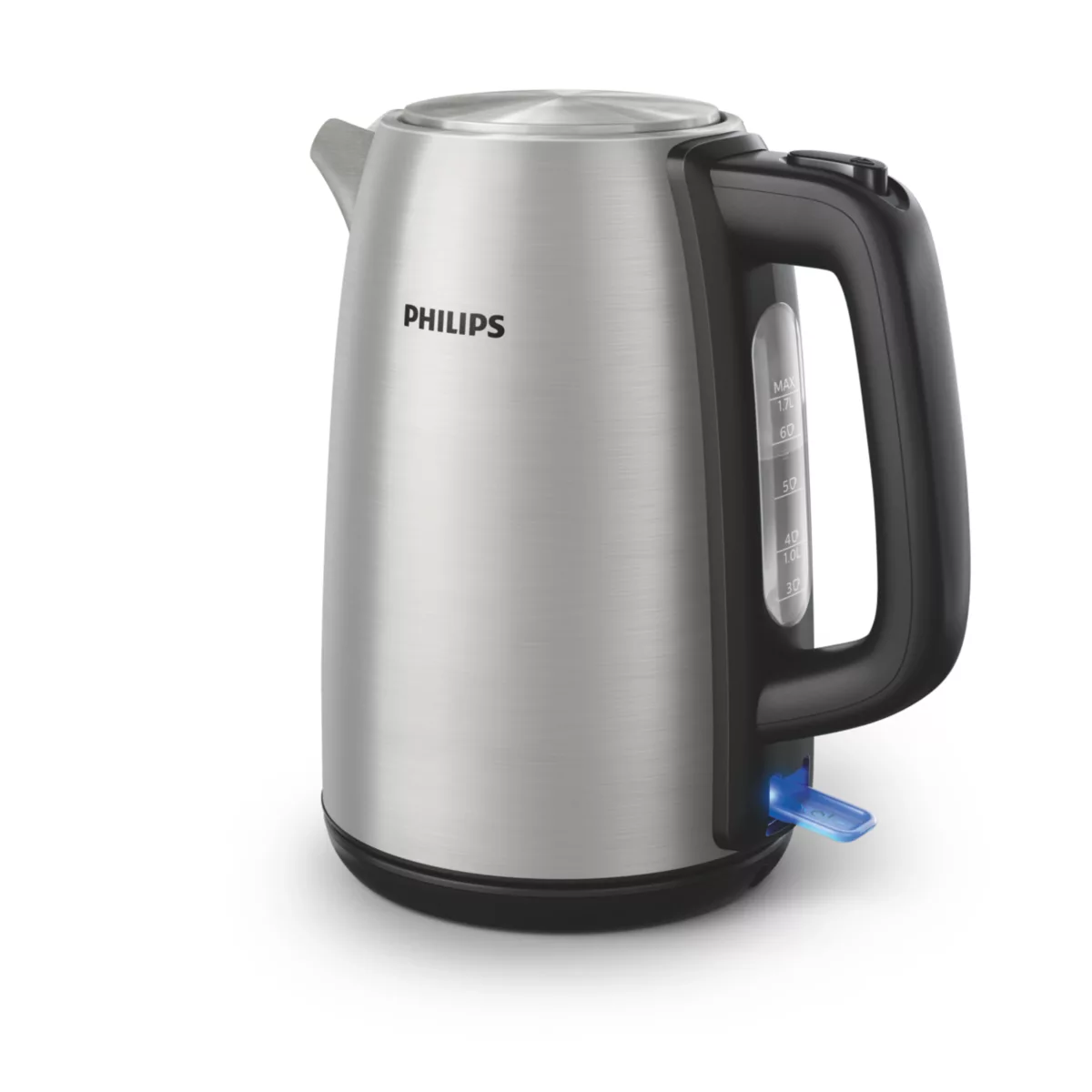 Ein Philips-Elektrokessel aus Edelstahl, schwarzer Griff, mit Wasserstandsanzeige. Der Wasserkocher steht auf weißem Grund.