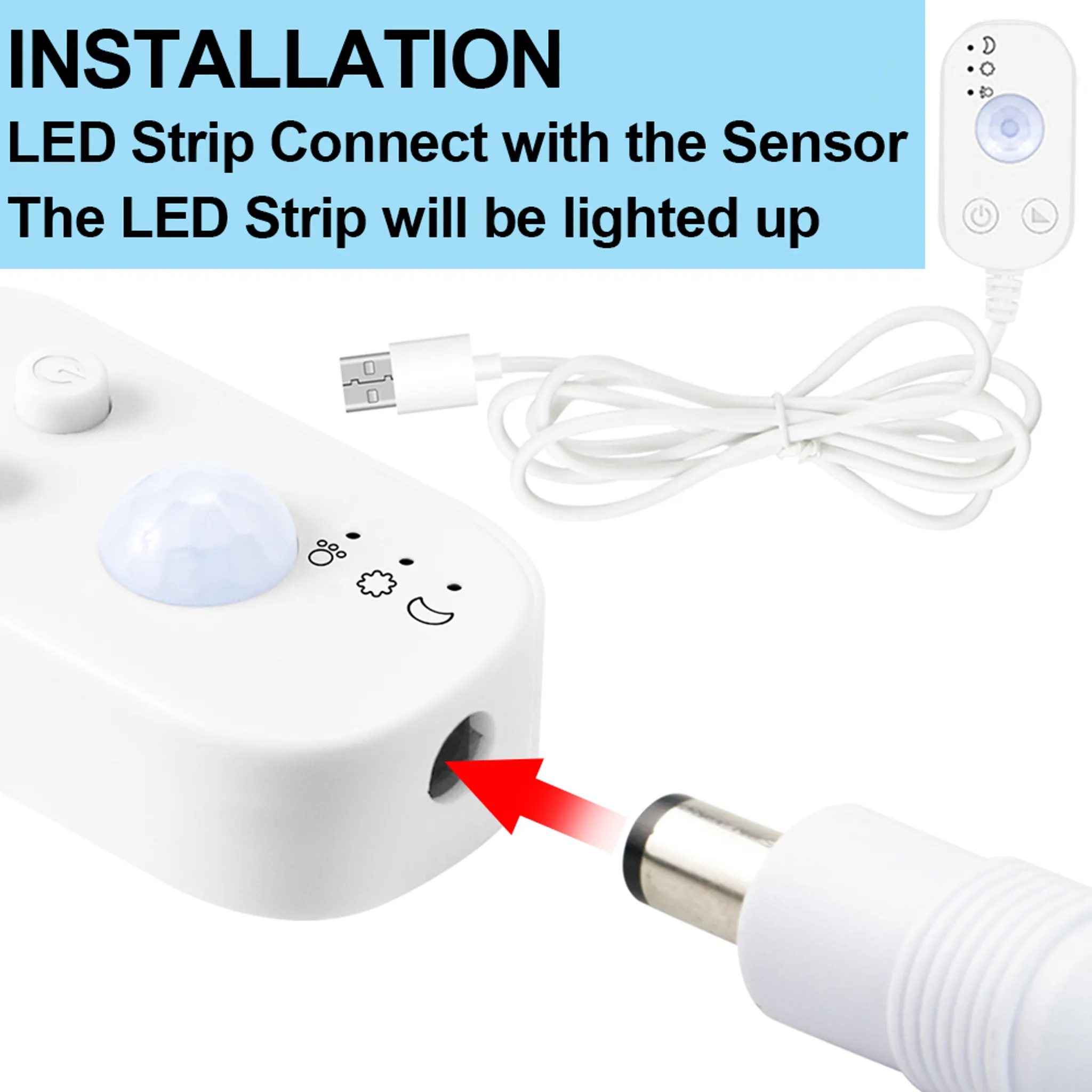Weißes Gerät mit USB-Kabel, Sensor und Netzkabel. Anweisungen sind oben sichtbar.