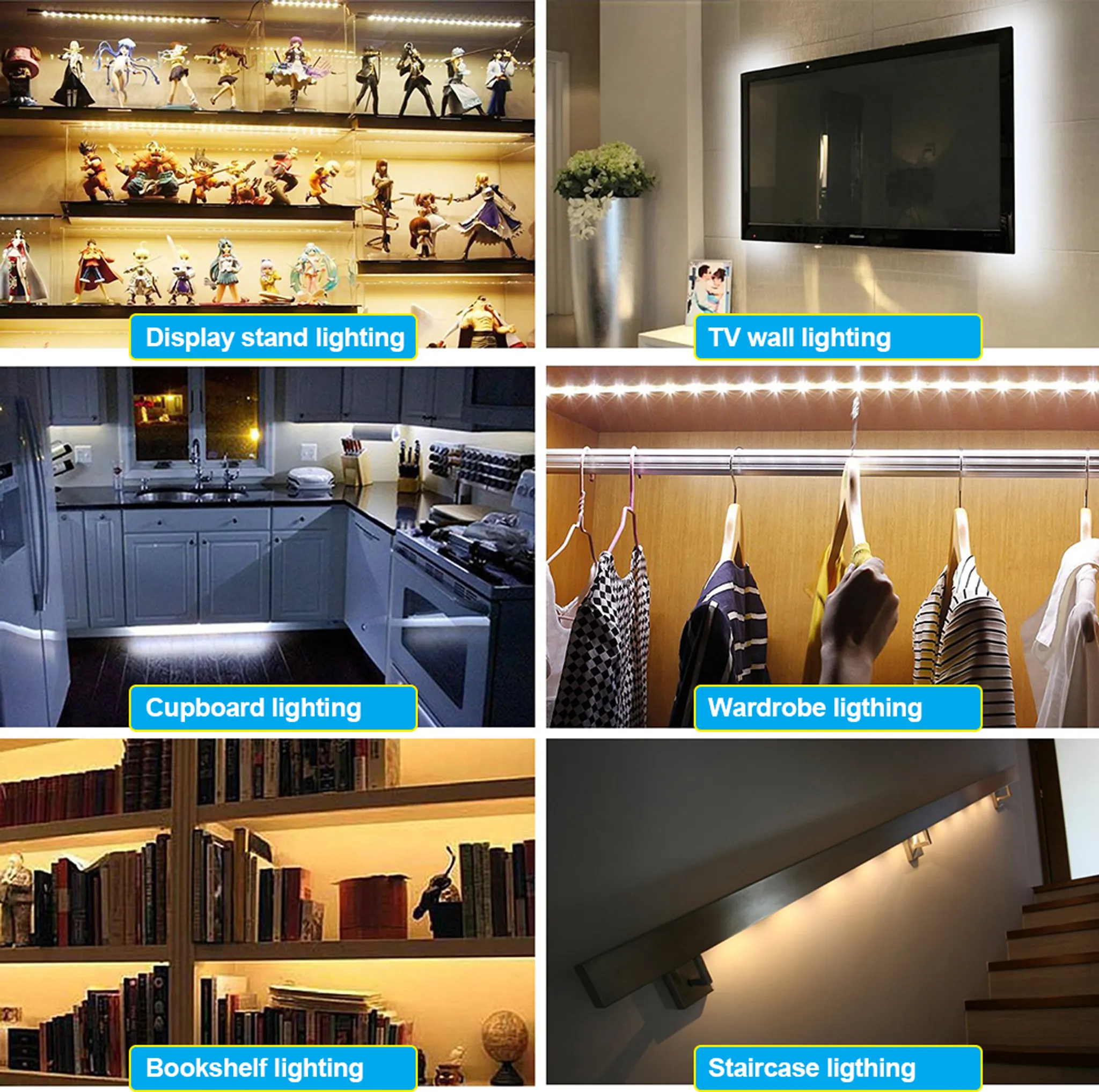Mehrere Szenen zeigen LED-Streifenbeleuchtung: Ausstellungsregale mit Figuren, TV-Wand, Küche, Kleiderschrank, Bücherregal und Treppe.