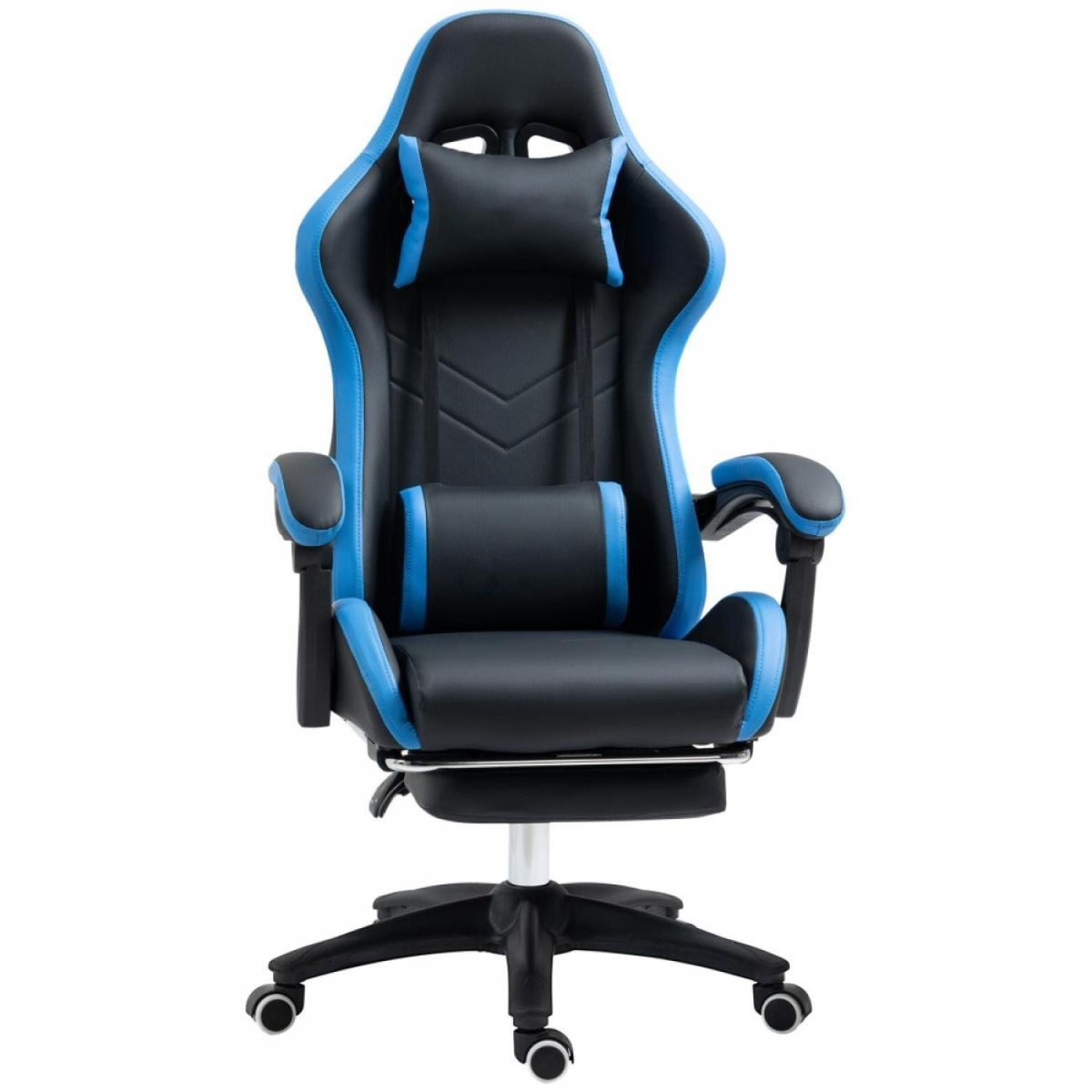 Schwarzer und blauer Gaming-Stuhl mit Kopfstütze, Armlehnen und Fußstütze. Es hat ein Fünf-Rad-Gestell.