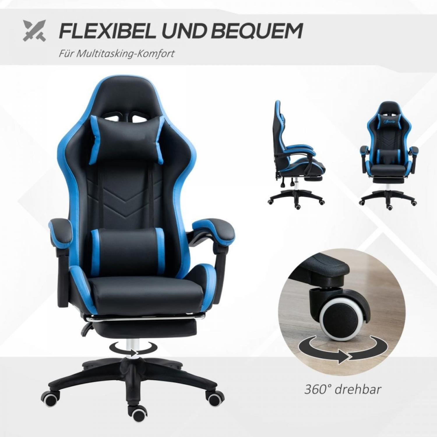 Ein schwarz-blauer Gaming-Stuhl mit Kopfstütze, Lendenwirbelstütze, Armlehnen und Fußstütze. Er hat eine 360-Grad-Drehbasis.
