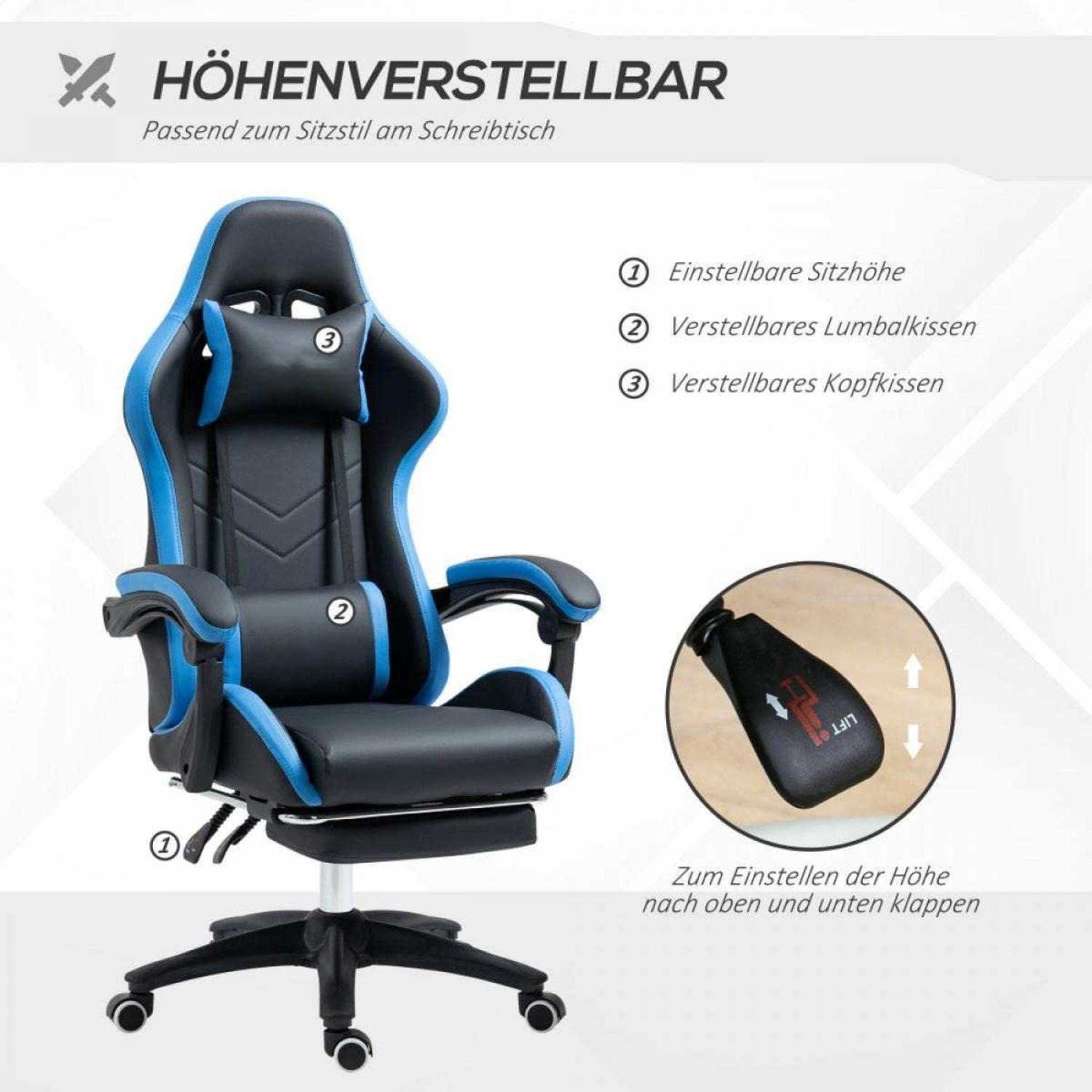 Schwarzer und blauer Gaming-Stuhl mit verstellbaren Funktionen, einschließlich Kopfstütze, Lendenwirbelstütze und Höhenverstellung.