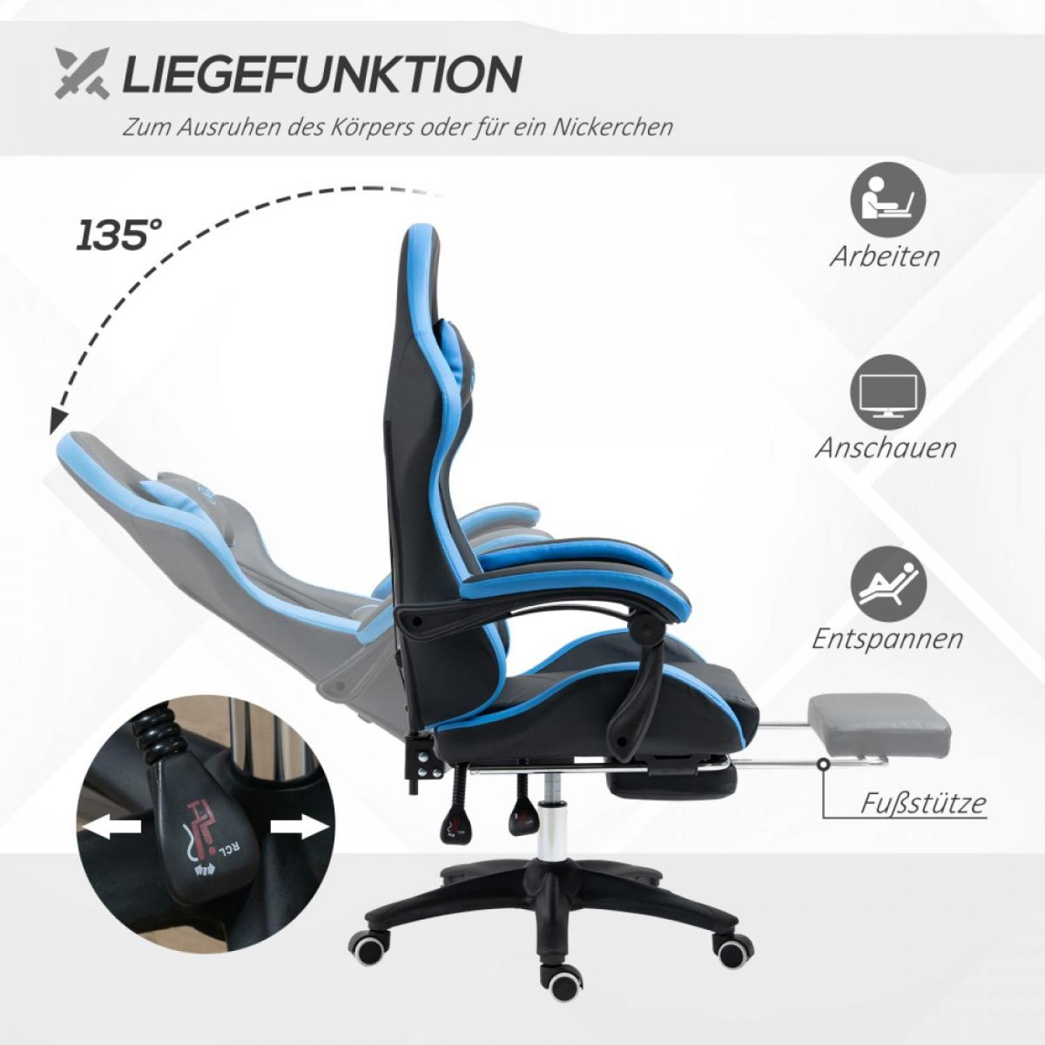 Ein schwarz-blauer Gaming-Stuhl mit Fußstütze. Der Stuhl lässt sich um 135 Grad neigen. Symbole zeigen Arbeiten, Fernsehen und Entspannen.