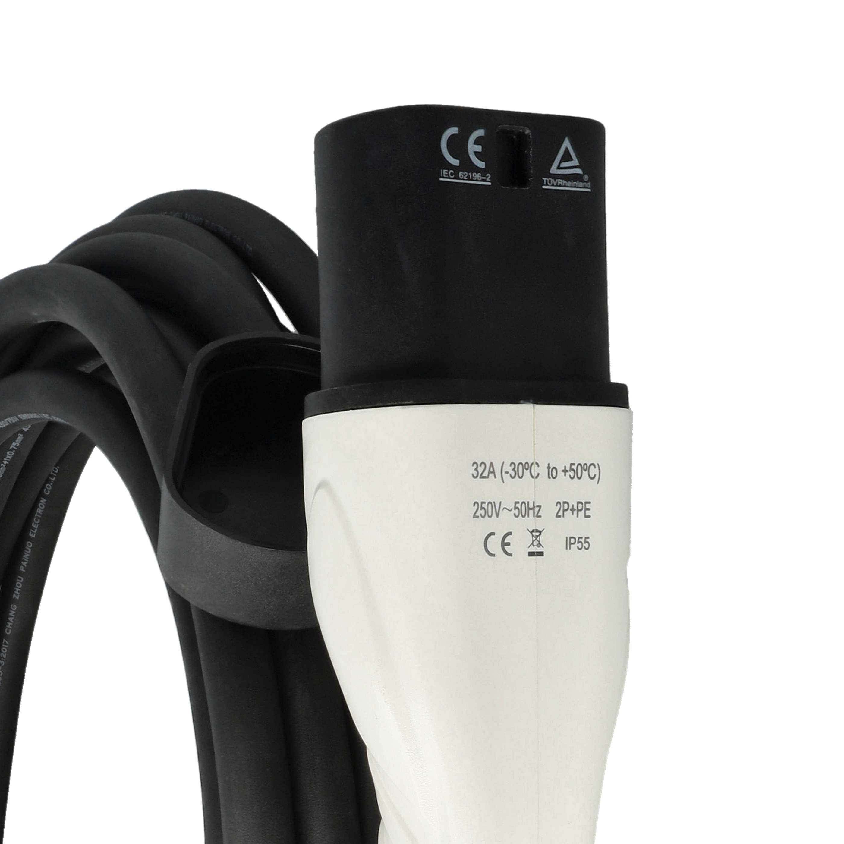 Ein Ladekabel für Elektrofahrzeuge mit schwarzem Stecker und weißem Stecker. Auf dem Stecker sind Informationen aufgedruckt.