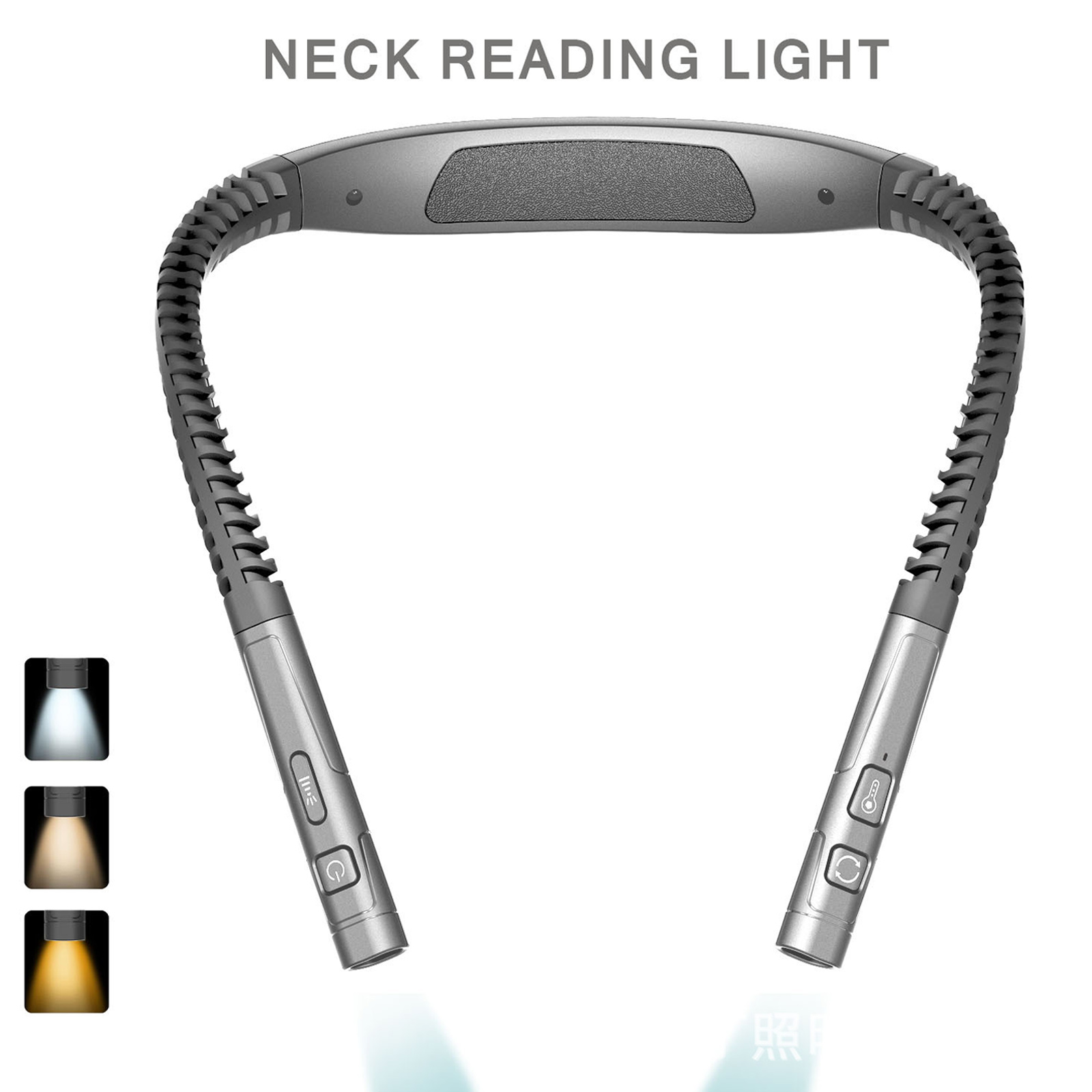 Eine Nackenleselampe. Sie hat einen flexiblen Hals mit Lichtern an jedem Ende. Es werden drei Lichtmodi gezeigt. Der Text lautet 'Nackenleselampe'.