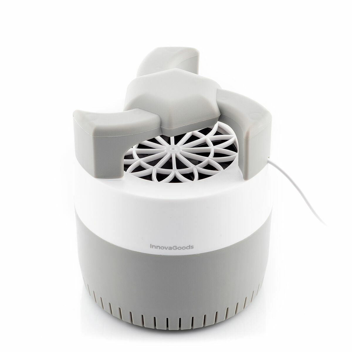 Un insetticida elettrico InnovaGoods grigio e bianco. Ha una parte superiore a forma di ventola e un corpo cilindrico.