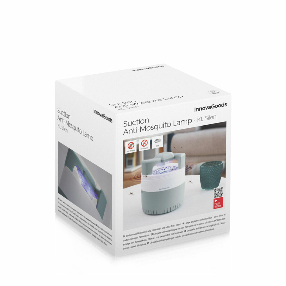 Una scatola bianca con la scritta 'Suction Anti-Mosquito Lamp'. Una lampada antizanzare verde e bianca è mostrata su un tavolo.