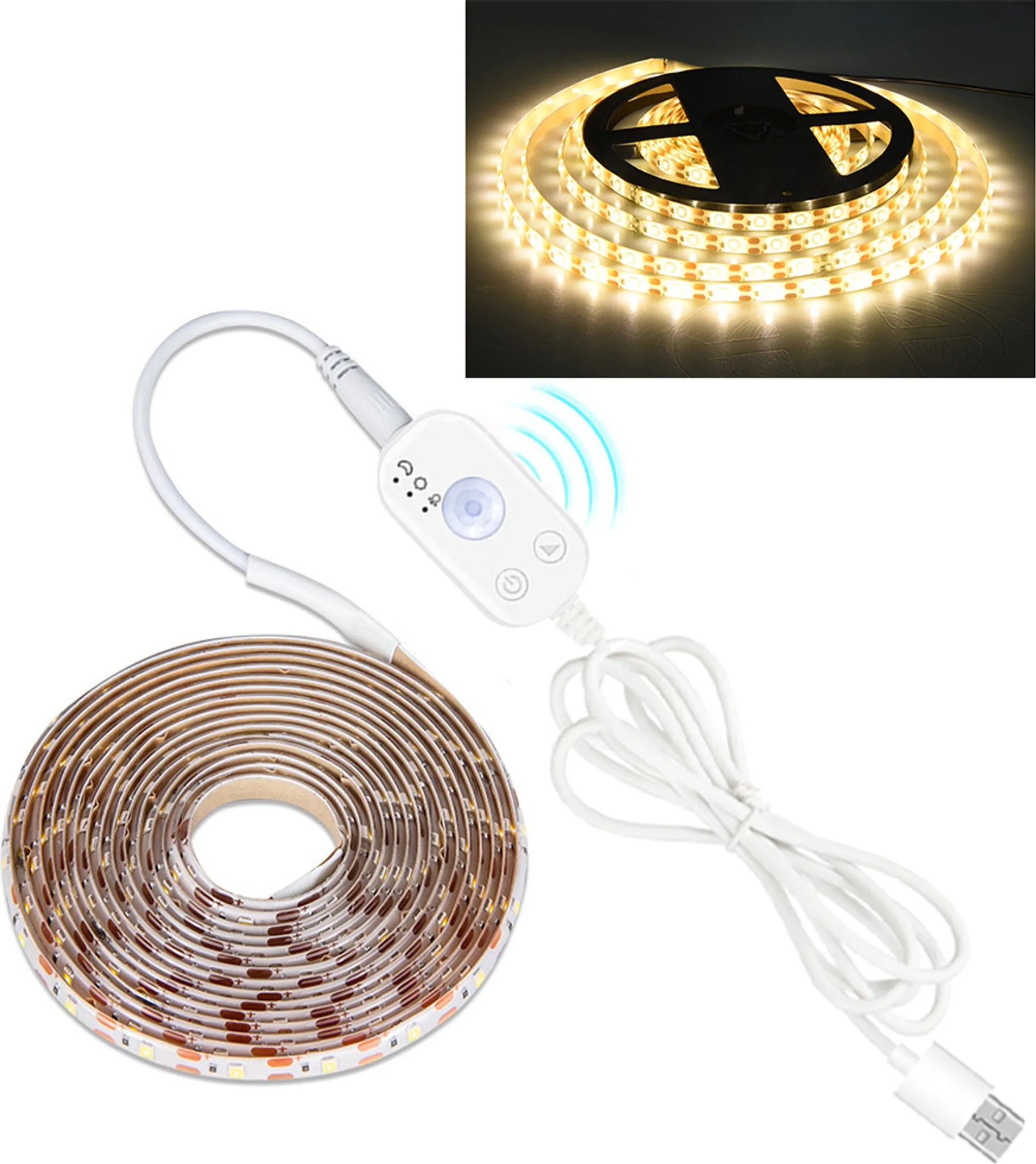LED-Streifen in einer Rolle, mit Steuereinheit und USB-Kabel. Die Lichter sind weiß und gelb. Weißer Hintergrund.