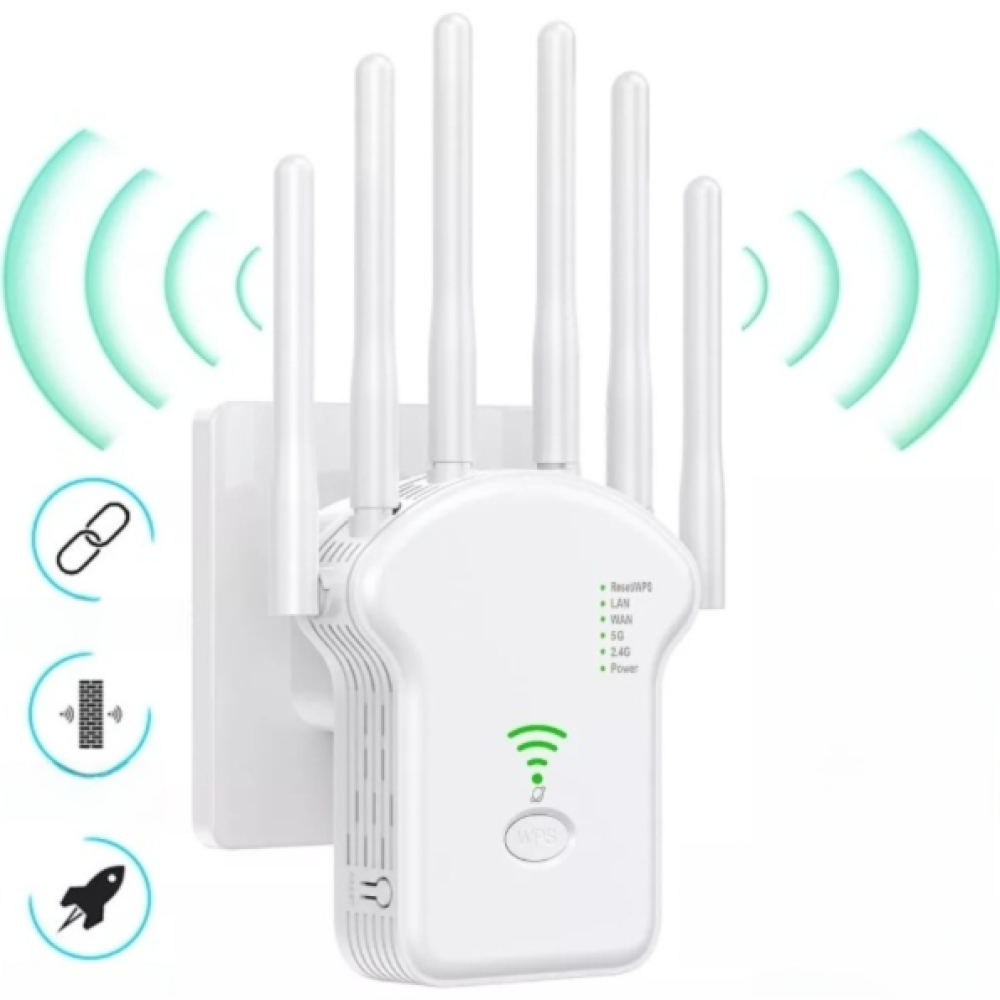 Weißer WLAN-Repeater mit Antennen. Grüne Signalwellen und Symbole für eine Verbindung, eine Wand und eine Rakete. Lichter und eine WPS-Taste.