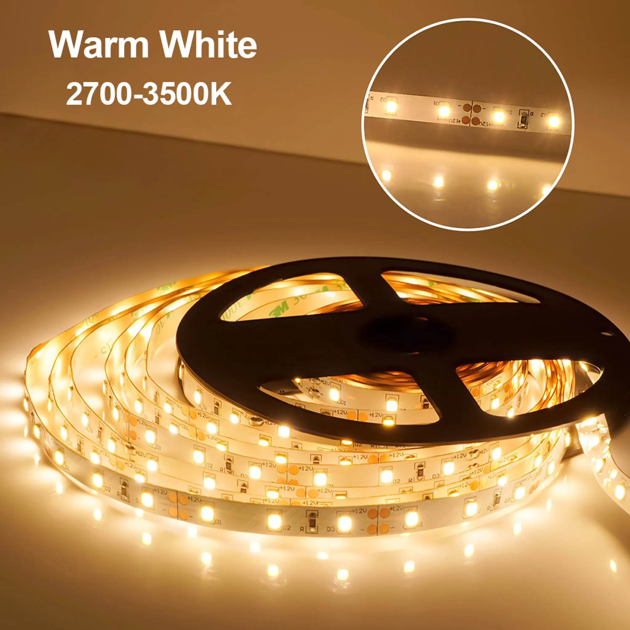 Eine Rolle warmweißer LED-Streifen mit Nahaufnahme der beleuchteten LEDs. Text: 'Warmweiß 2700-3500K'.