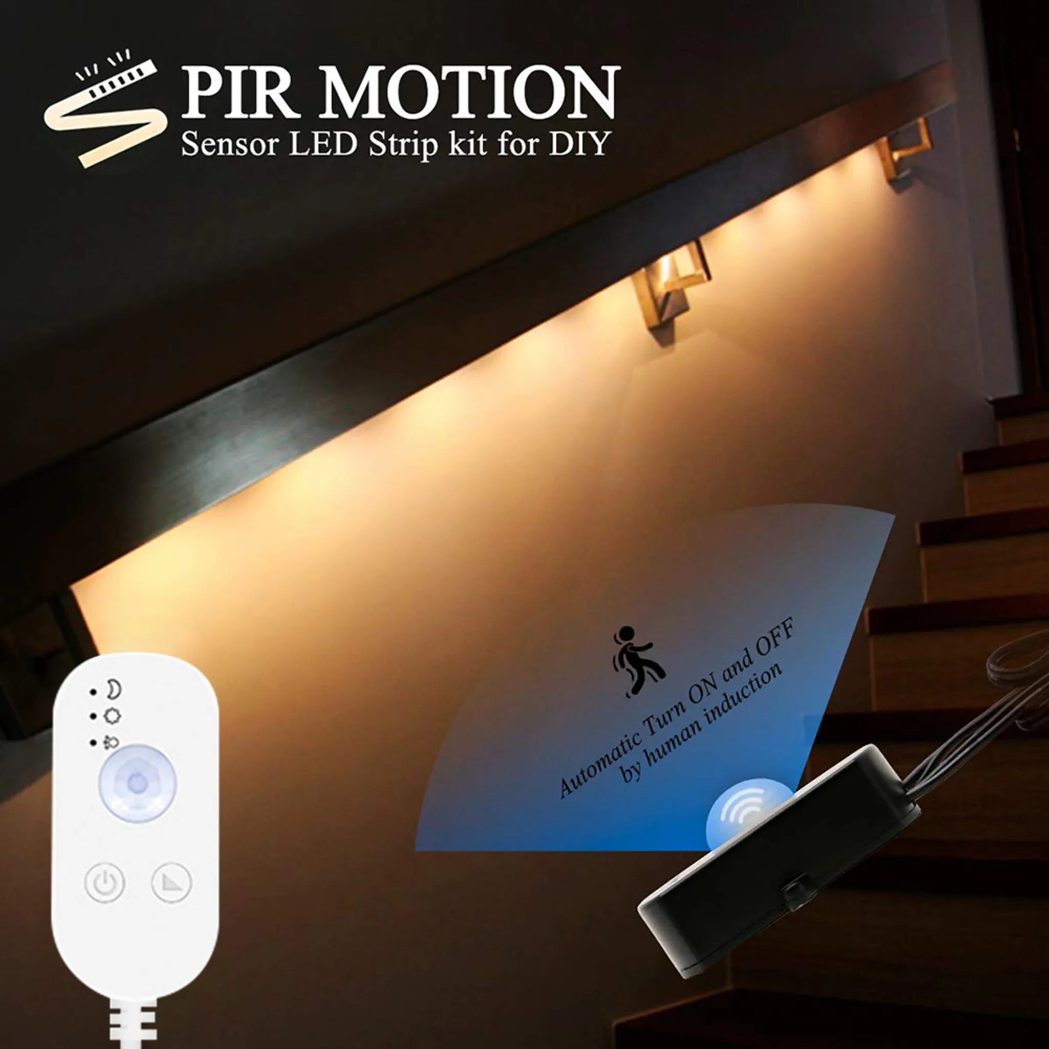 LED-Streifen-Kit mit Bewegungssensor auf Treppen. Enthält eine Fernbedienung, eine Steuereinheit und Text: PIR MOTION.