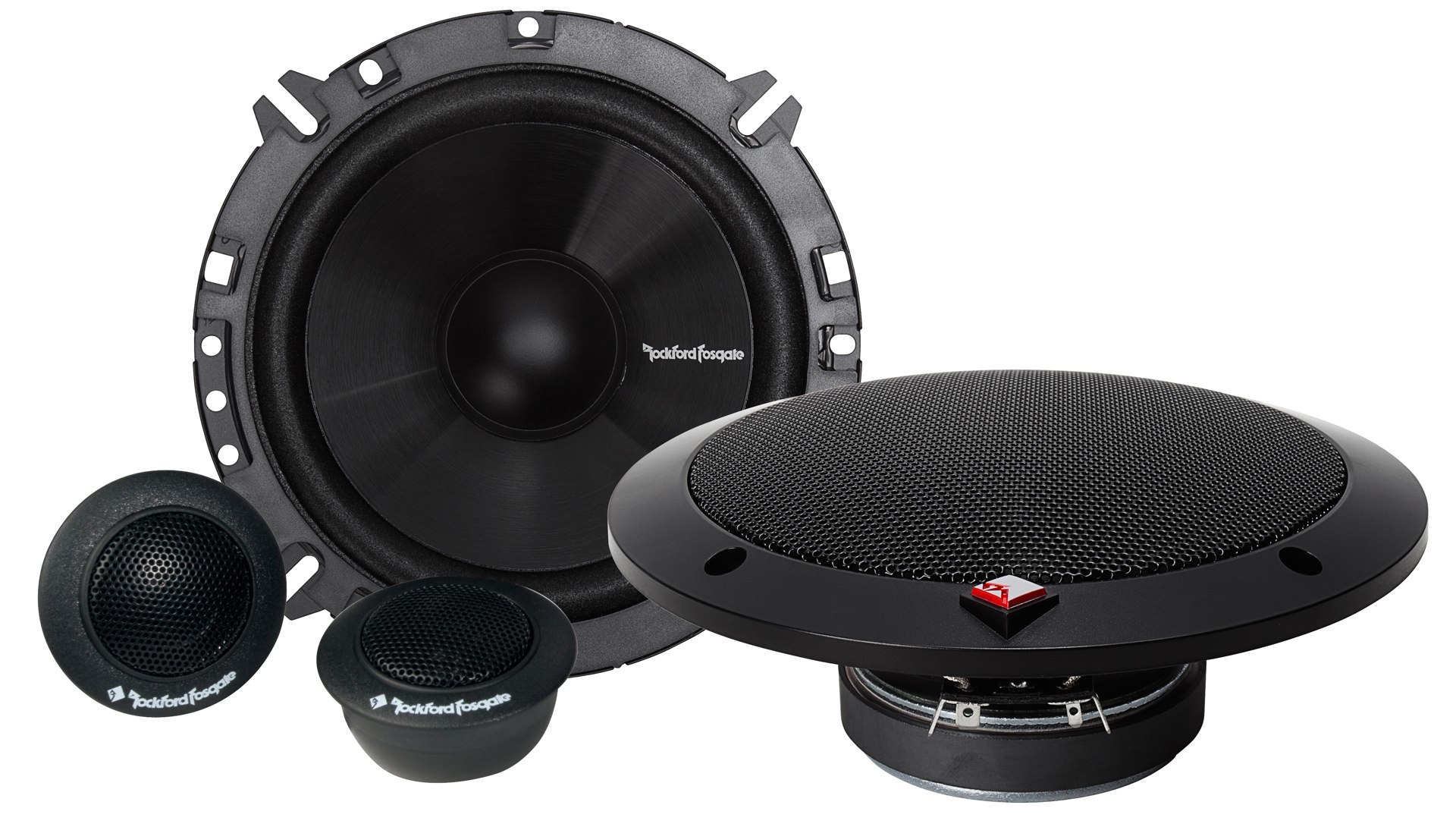 Ein Satz schwarzer Rockford Fosgate Auto-Lautsprecher. Enthält einen großen Tieftöner, einen Mitteltonlautsprecher und zwei Hochtöner.