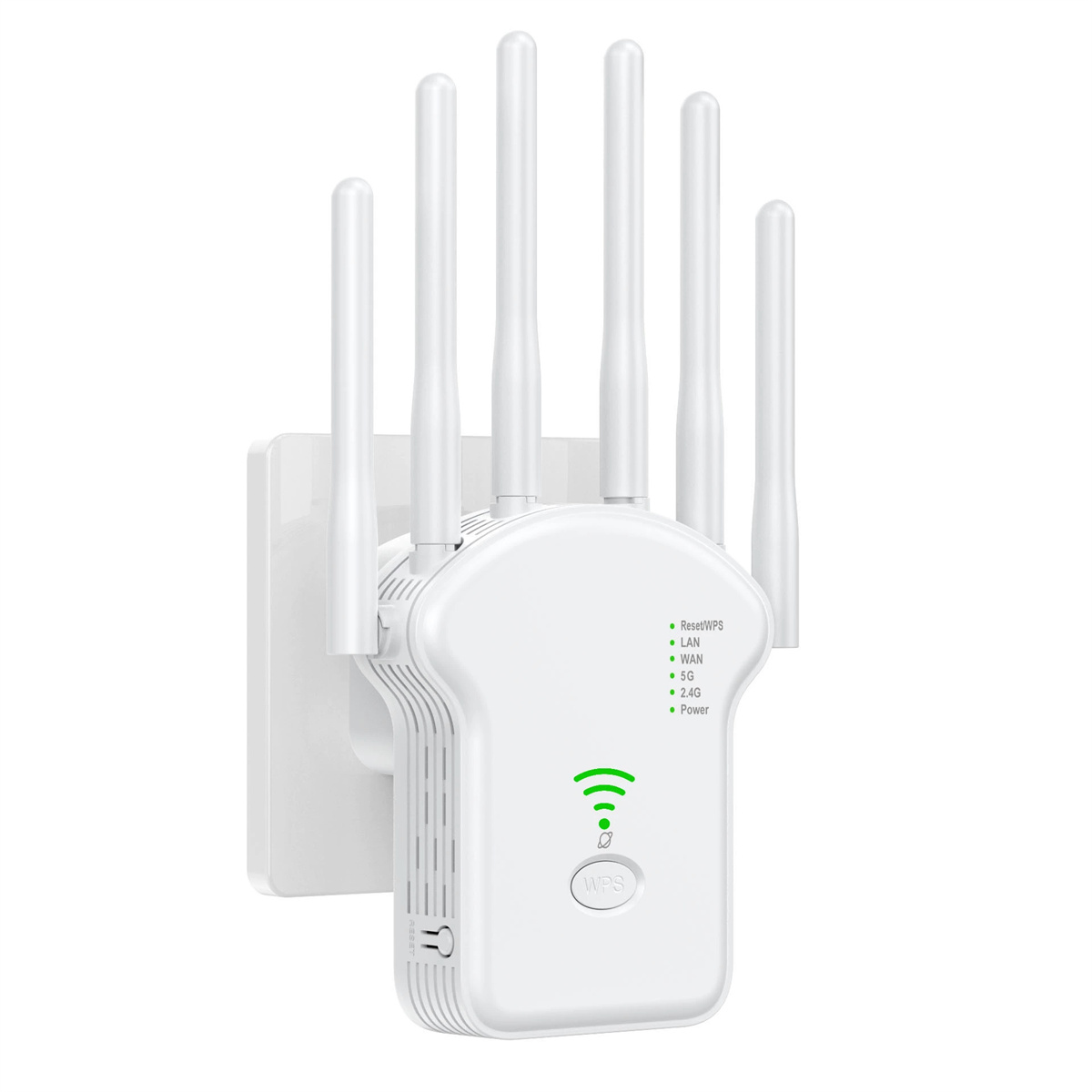 Weißer WLAN-Repeater mit sechs Antennen. Hat eine WPS-Taste, Status-LEDs und ist an der Wand montiert. Der Repeater hat ein schlichtes Design.