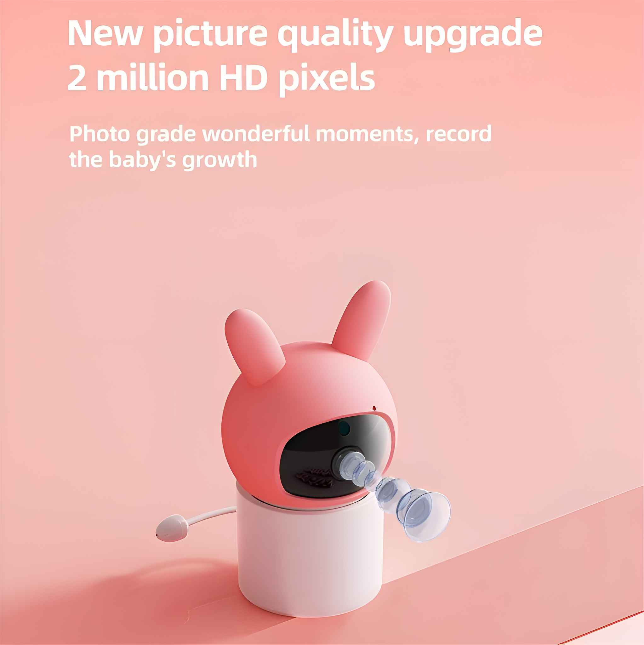 Ein rosa, hasenförmiger Baby-Monitor auf weißer Basis, mit Textüberlagerung über Bildqualität und Aufnahme des Babywachstums.